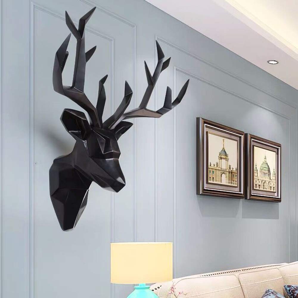 YJ Home Geometric Deer Head Wall Art Sculpture - Modern Black XL Deer Decor for Living Room, Bedroom & Office | Unique Home Decoration Gift Idea