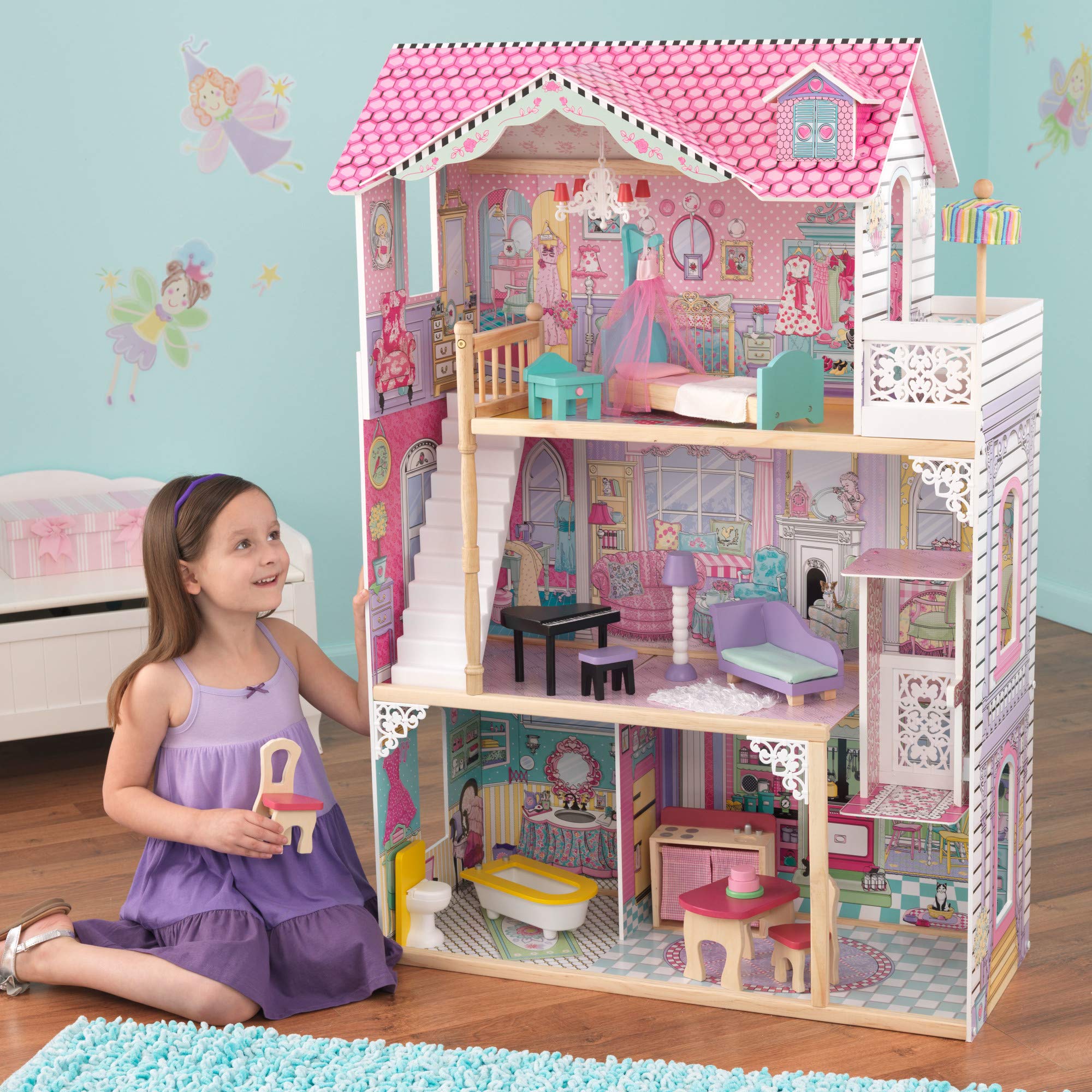 KidKraft Annabelle Wooden Dollhouse with Elevator & Balcony - 17-Piece Accessory Set | Perfect Gift for Girls Ages 3+ | Pretend Play, Imaginative Play, Nursery Decor