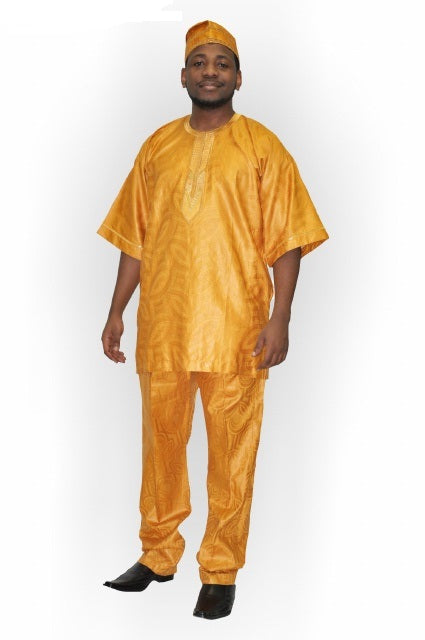 Golden Yellow African Brocade Top and Pants Set for Men | Traditional Ethnic Outfit DP3728M | Perfect for Cultural Events, Weddings & Special Occasions