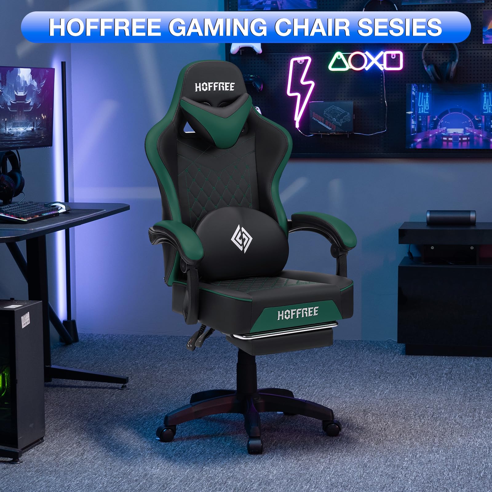 HOFFREE Ergonomic Gaming Chair with Bluetooth Speakers, Massage & Footrest - High Back Reclining Computer Chair for Adults - Green & Black - Perfect for PC Gaming, Office Work & Home Entertainment
