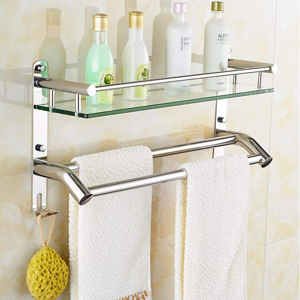 8mm Tempered Glass Bathroom Shelf with 304 Stainless Steel Hooks - 41cm Wall Mounted Mirror Front Shelf for Towels & Toiletries | Perfect for Shower Organization & Bathroom Storage