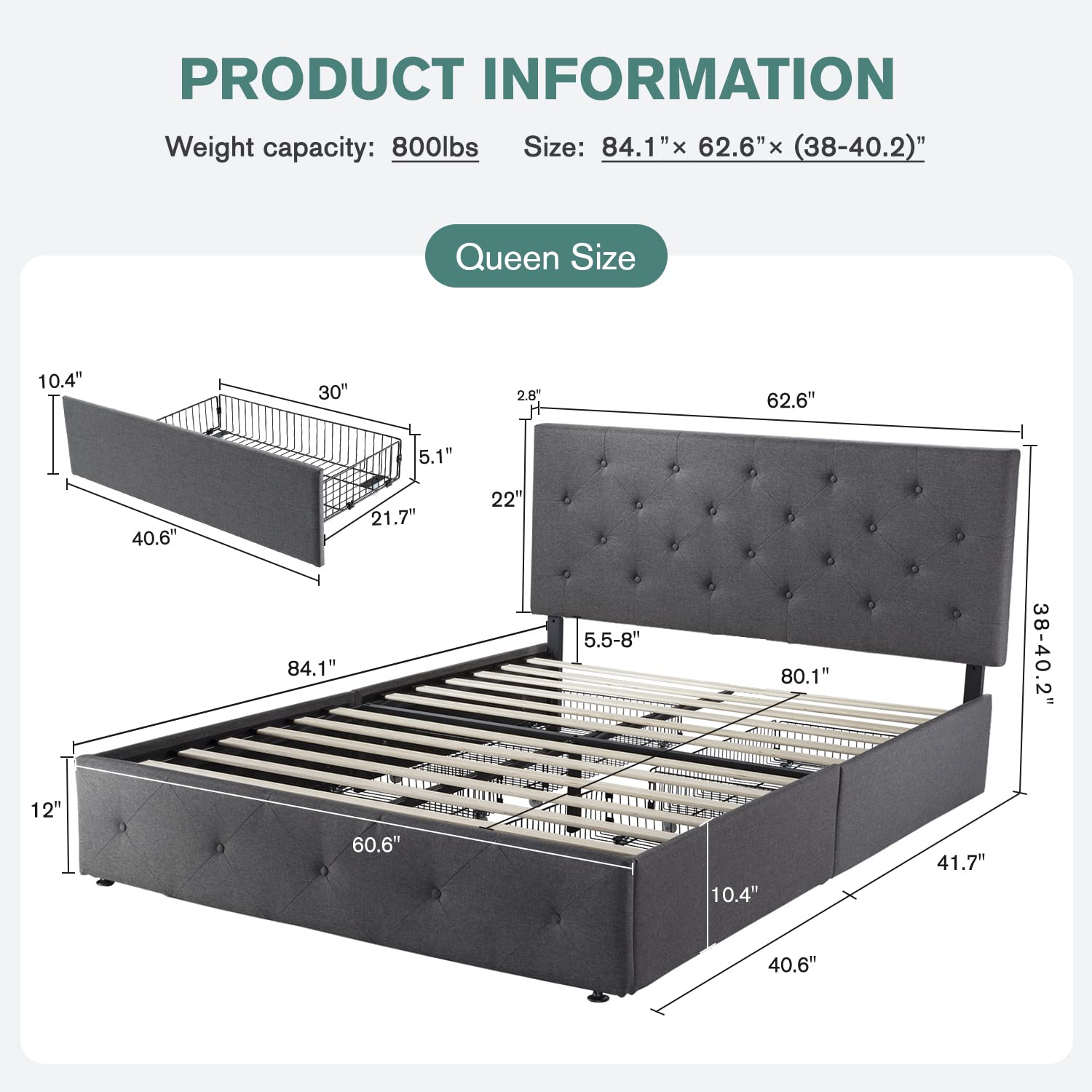 IMUsee Queen Bed Frame with Storage Drawers - Upholstered Platform Bed with Adjustable Diamond Tufted Headboard, Wood Slat Support, No Box Spring Needed, Dark Grey - Perfect for Small Bedrooms, Guest Rooms & Modern Apartments