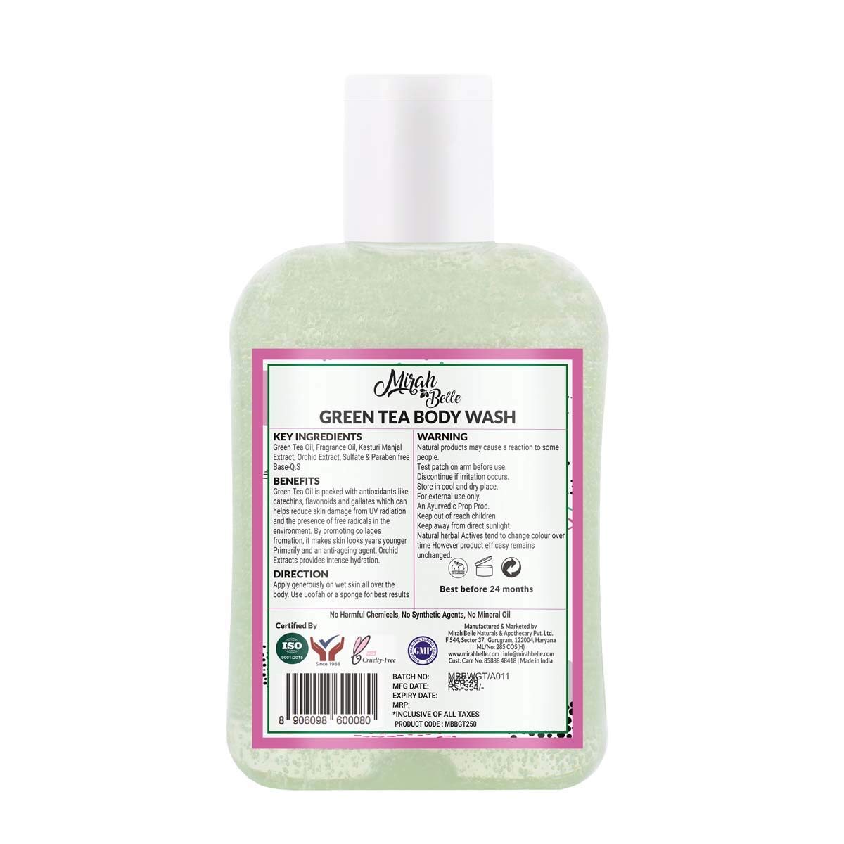 Mirah Belle Natural Green Tea Body Wash 250ml - Anti-Aging & Firming for Mature Skin - Sulfate & Paraben Free - Gentle Cleanser for Men & Women - Perfect for Daily Shower & Spa Relaxation