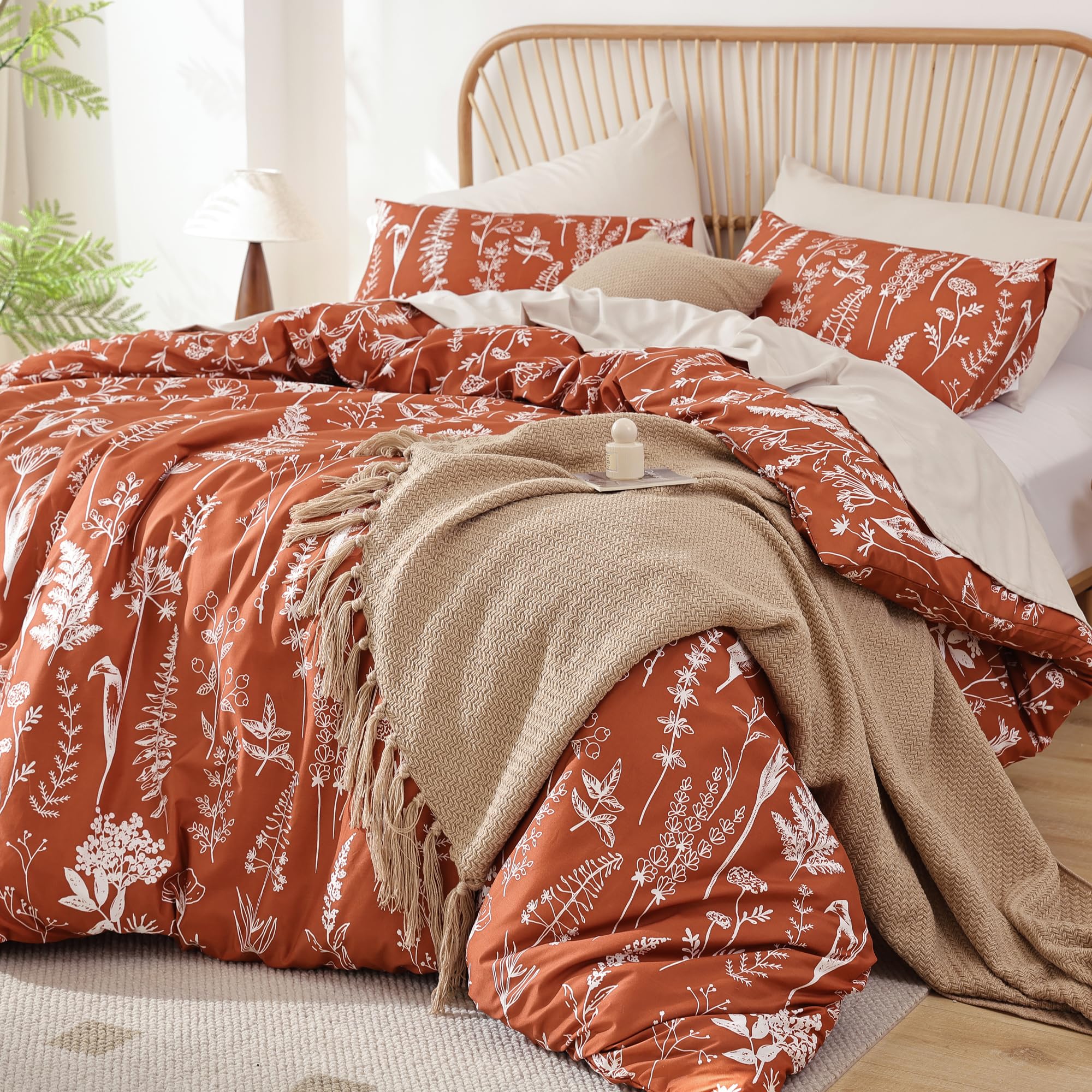 JANZAA Twin Comforter Set - 3 Piece Floral Bedding with Reversible Botanical Design, Soft Terracotta Comforter & Pillow Shams | Perfect for Guest Rooms, Dorm Decor & Cozy Bedroom Makeovers