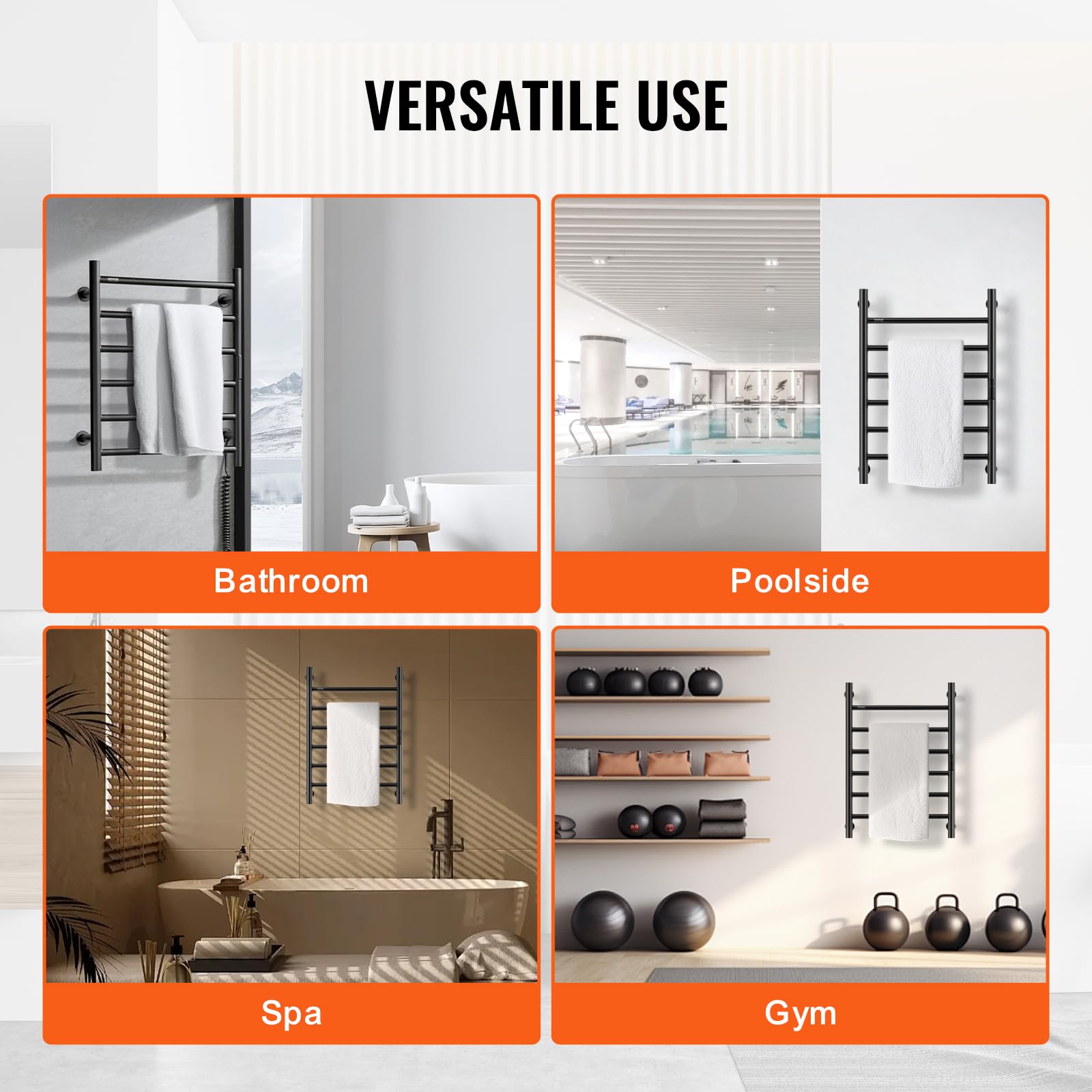 VEVOR 6-Bar Heated Towel Rack - Wall Mounted Bathroom Towel Warmer with Timer, LED Display & 5 Temperature Settings - IPX5 Waterproof Black Towel Heater for Spa, Luxury Hotels & Home Bathrooms