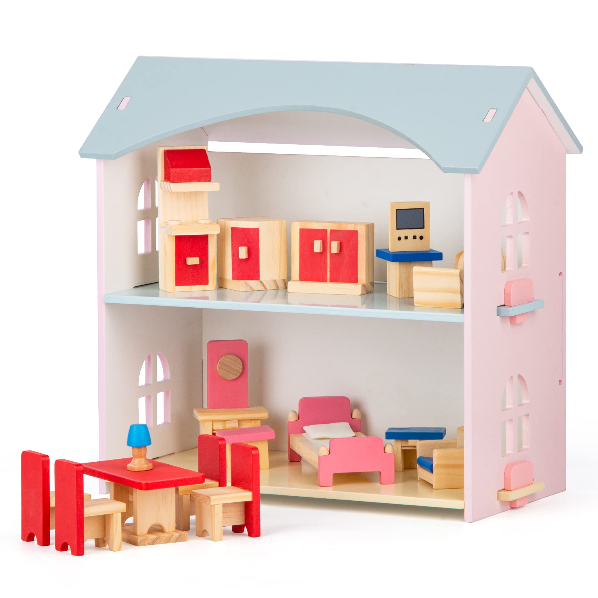 EINSTEM Wooden Dollhouse with Furniture Set - Pretend Play Toys for Girls Ages 3+ | Perfect Princess Gift for Birthday & Christmas | Kids Room Decor & Imaginative Play