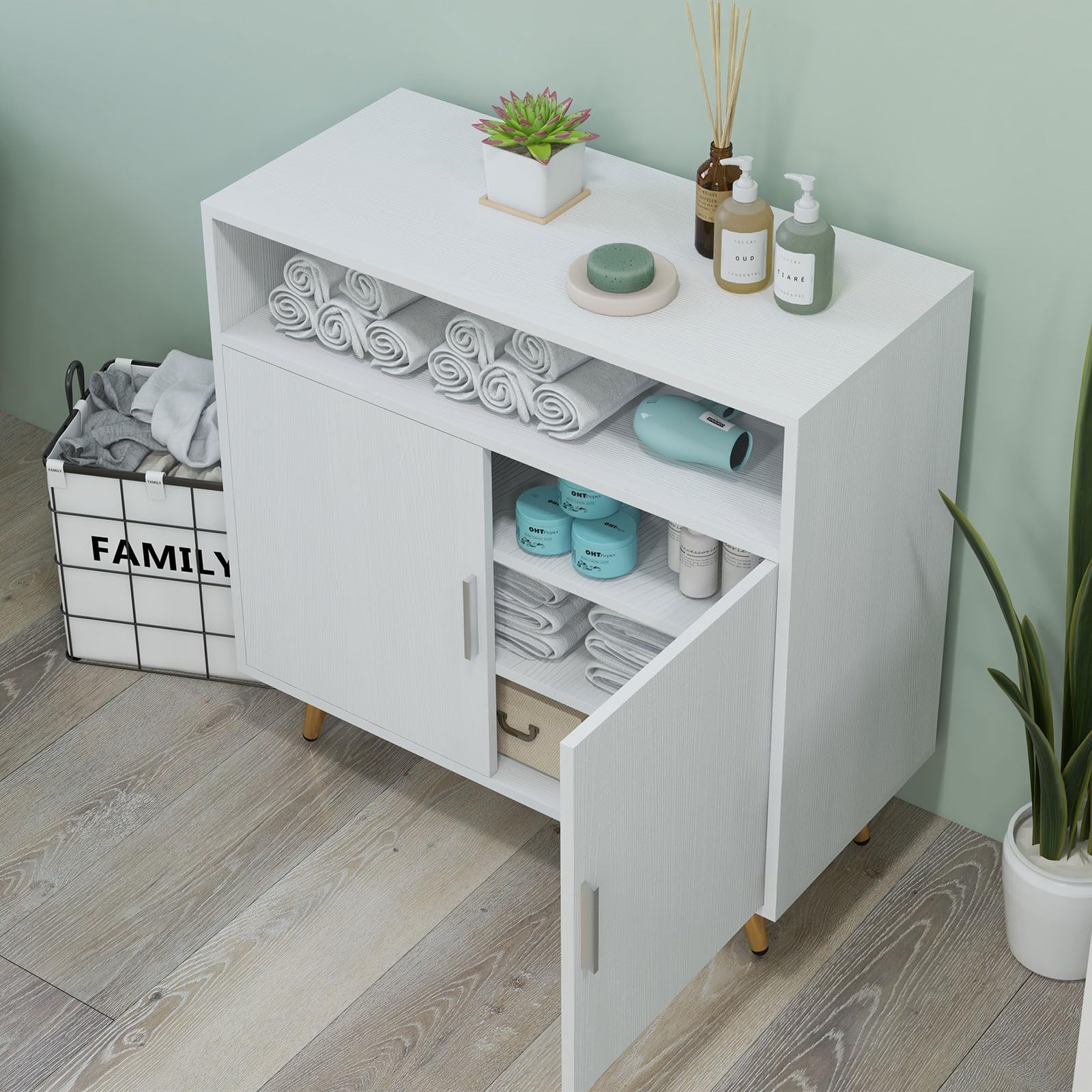 Bonzy Home White Shoe Storage Cabinet with Sensor Light - Entryway Hallway Organizer with Doors & Shelves for Living Room, Bedroom, or Closet - Space Saving Furniture for Small Apartments