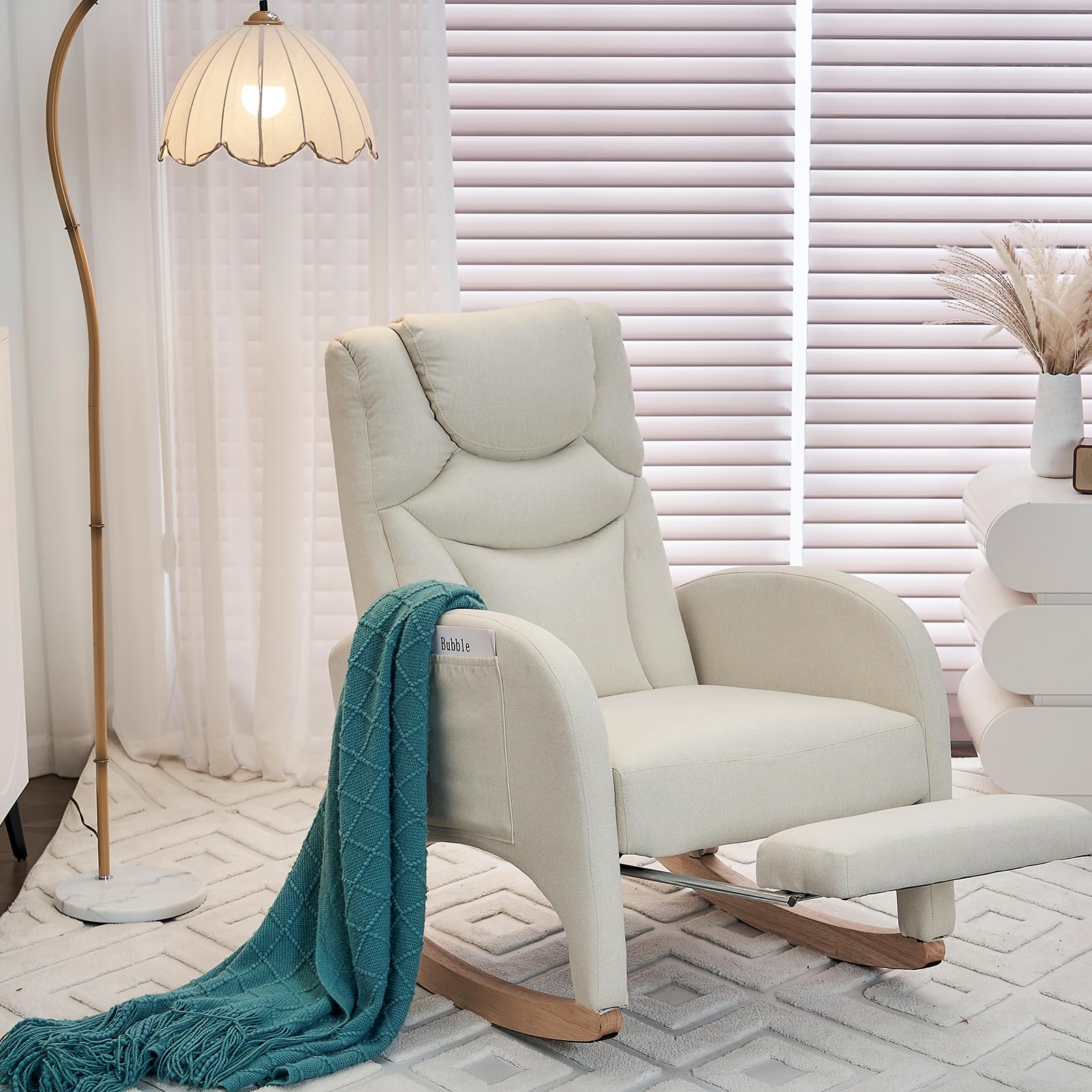 Comfy Cotton Linen Nursery Rocking Chair with Adjustable Footrest & High Backrest - Glider Rocking Armchair for Nursery, Bedroom or Living Room - Beige Accent Chair for Breastfeeding, Reading & Relaxing
