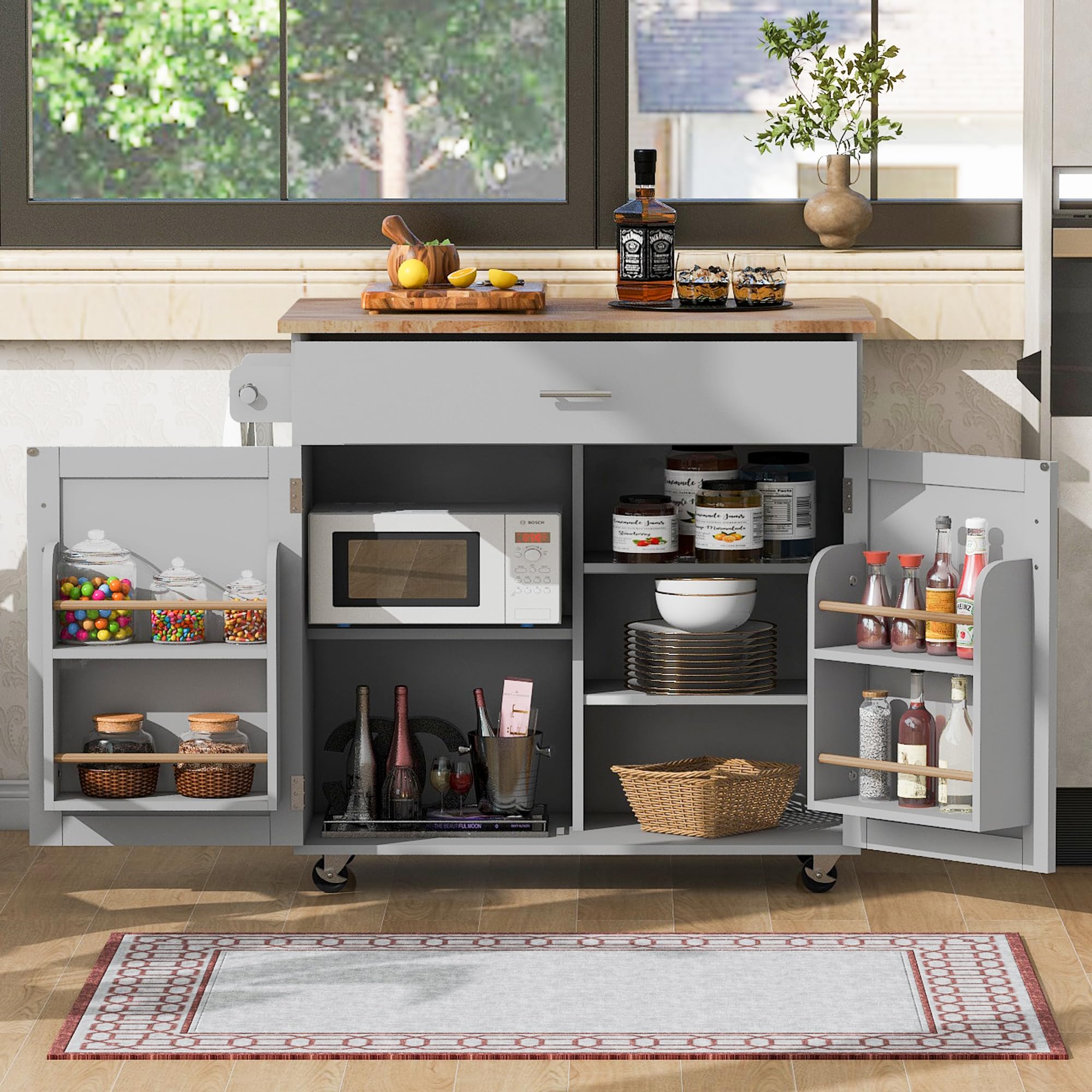 Merax 39-Inch Rolling Kitchen Cart Island with Rubber Wood Top, Spacious Drawer with Divider & Storage Rack - Mobile Kitchen Organizer for Small Spaces, Dining Room or Apartment - Grey