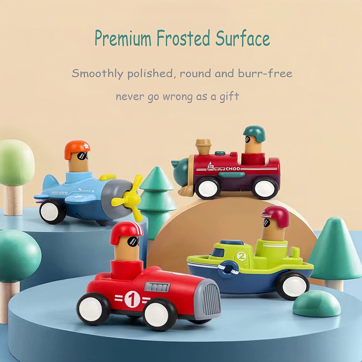4 Pack Friction Powered Toy Vehicles - Push & Go Cars, Train, Boat, Airplane Set for Toddlers 1-3 Years Old - Perfect Gift for Boys & Girls - Great for Indoor Play, Birthday Presents & Early Learning Development