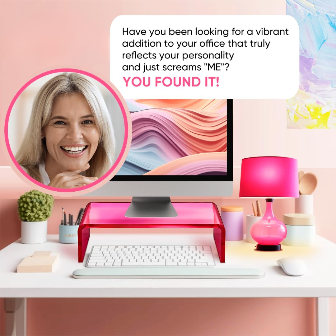 NovaMode Acrylic Monitor Stand - Ergonomic Laptop & Computer Riser for Better Posture, Modern Desk Organizer with Storage Space - Bright Pink - Perfect for Home Office, Gaming Setup & Workspace Organization
