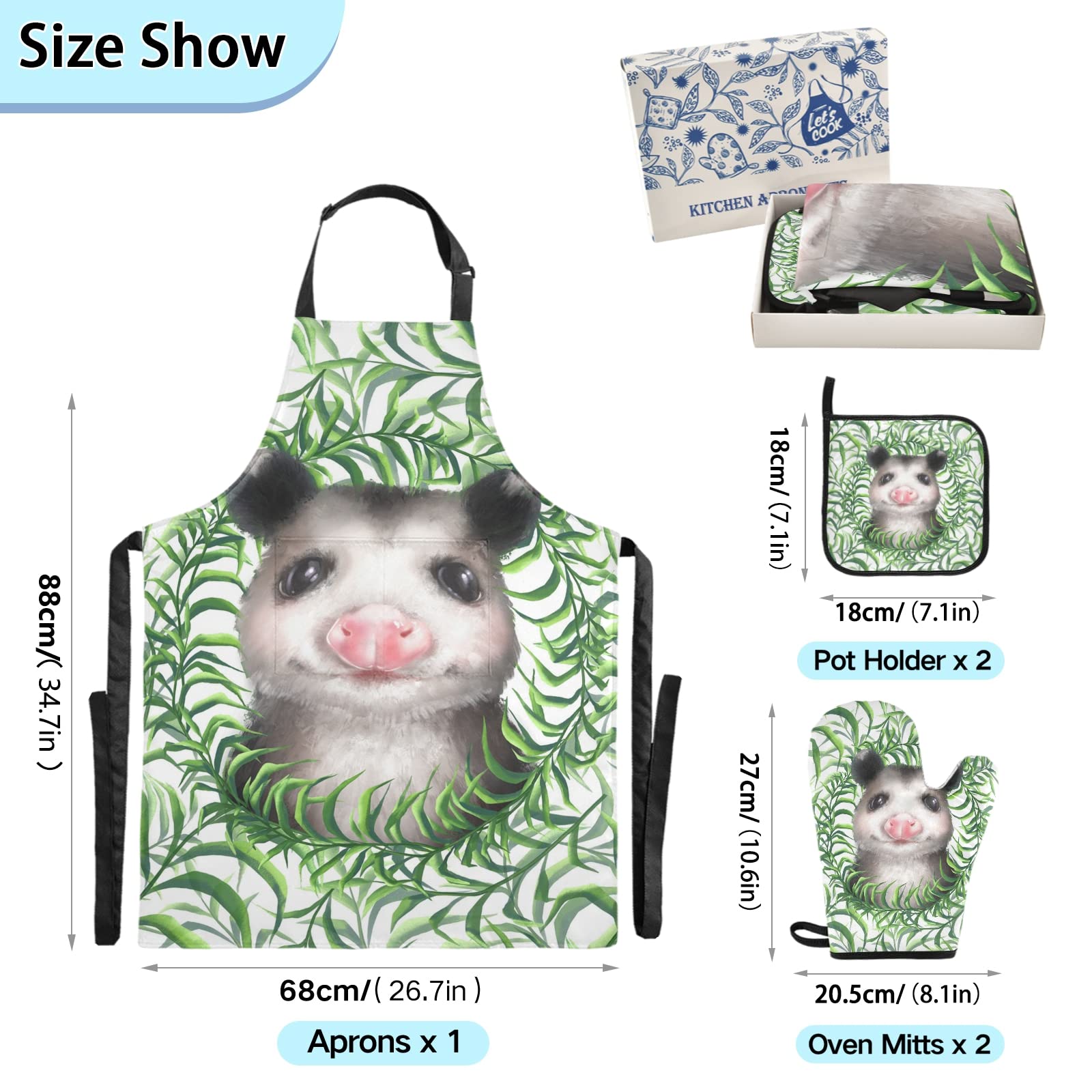 Heat-Resistant 5-Piece Kitchen Set - Insulated Oven Mitts, Pot Holder, Apron & Mat for Baking, Grilling & Cooking | Baby Opossums Green Grass Design | Microwave Safe & Heat Protection for Home Chefs