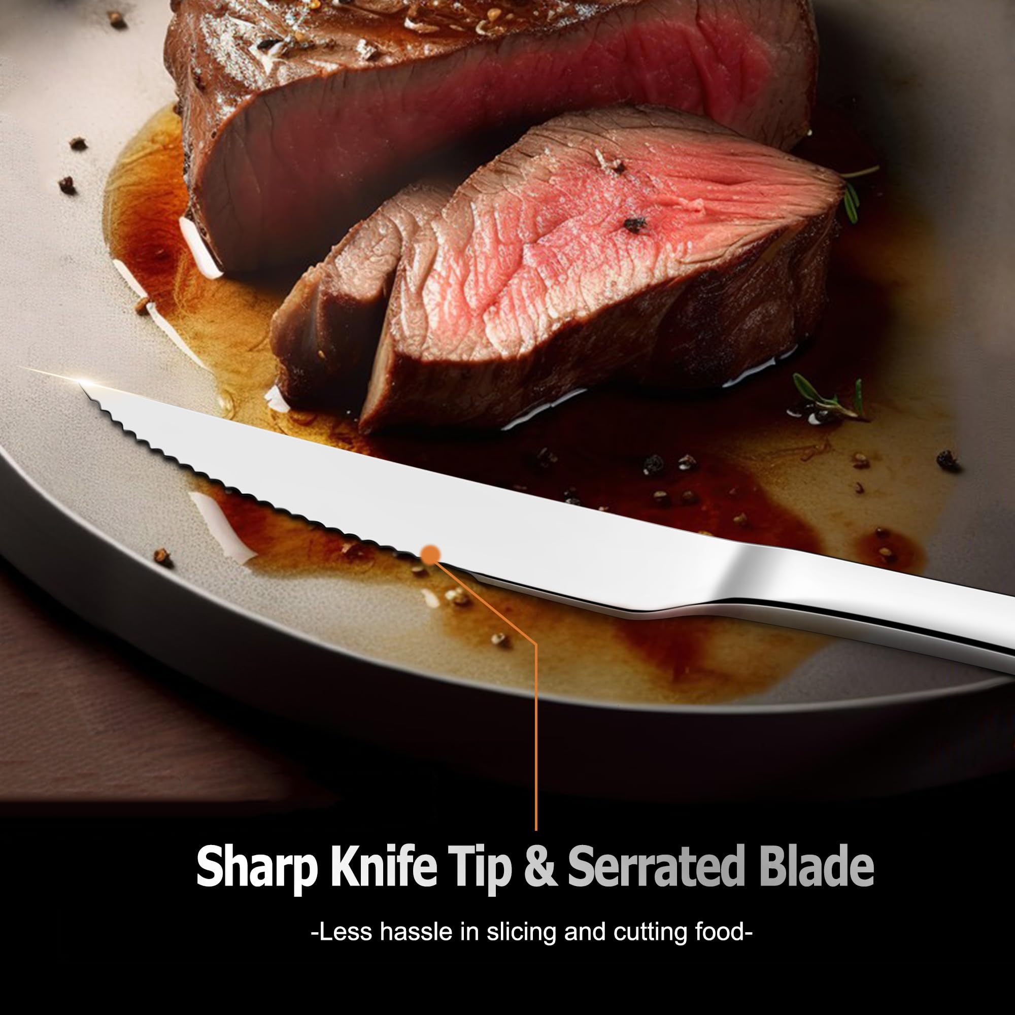Premium Serrated Steak Knives Set of 12 - 9 Inch Stainless Steel Dinner Knives with Ergonomic Handle & Sharp Blade - Mirror Silver Finish - Dishwasher Safe - Perfect for Home Kitchen, Restaurant & Outdoor BBQ Parties