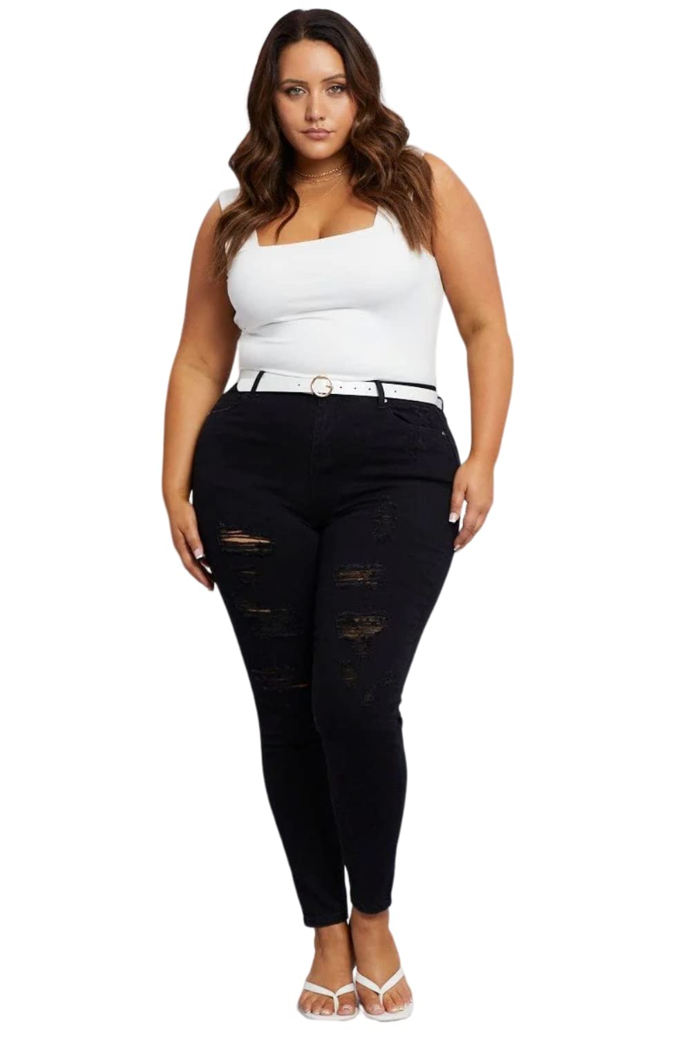 Jack David Women's Plus Size Denim Skinny Jeans - Stretch Ripped Distressed Pants for Casual Wear & Street Style Fashion