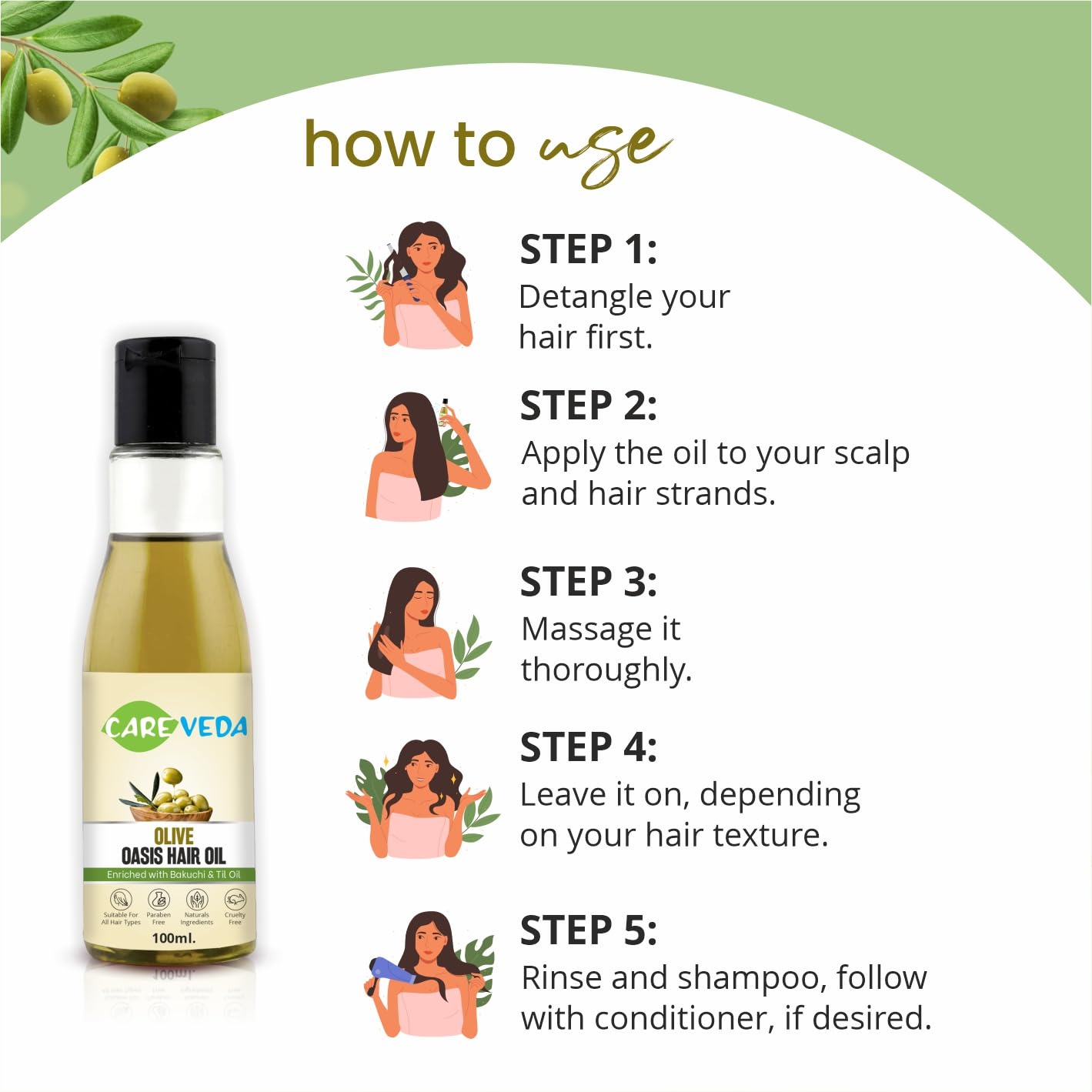 CareVeda Olive Oasis Hair Oil with Bakuchi & Til Oil - 100% Natural Hair Treatment for All Hair Types - 100ml (Pack of 3) - Promotes Hair Growth, Reduces Frizz & Adds Shine - Perfect for Daily Hair Care & Scalp Massage