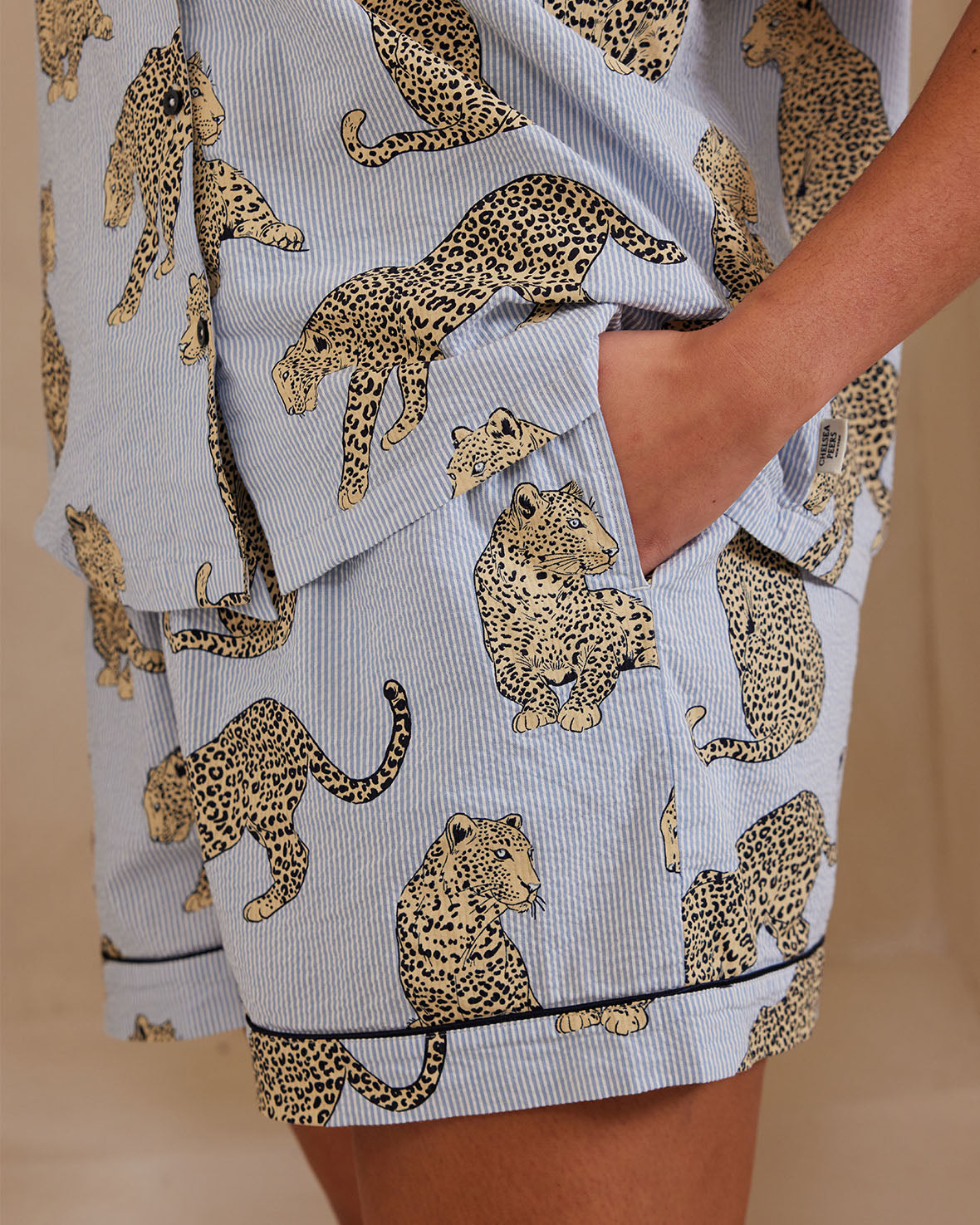 Seersucker Cotton Leopard Stripe Print Short Pajama Set for Women - Comfortable Summer Sleepwear & Lounge Wear for Hot Nights