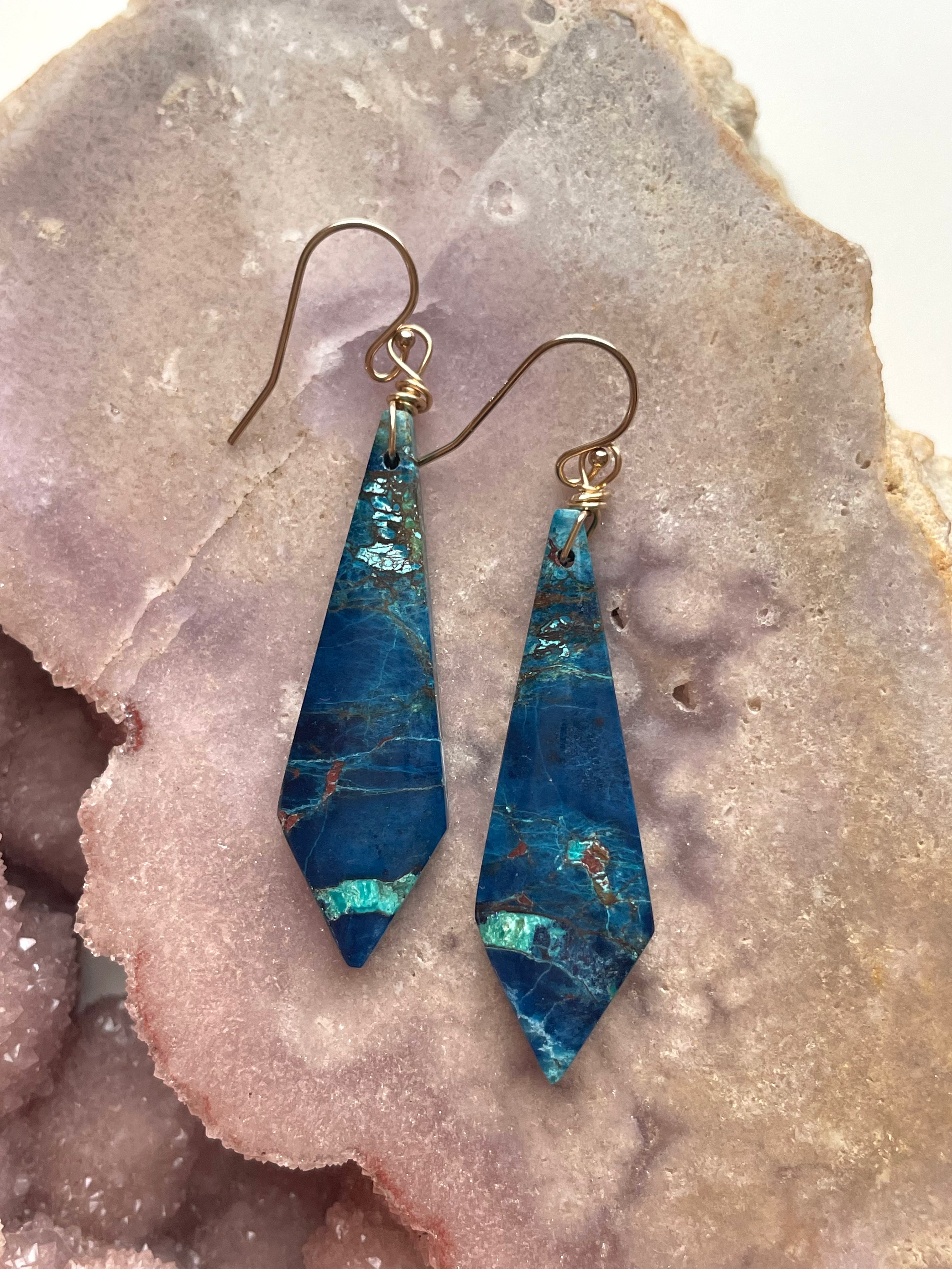 Chrysocolla Gold-Filled Statement Crystal Gemstone Earrings for Women | Elegant Dangle Drop Earrings for Party, Wedding & Evening Wear