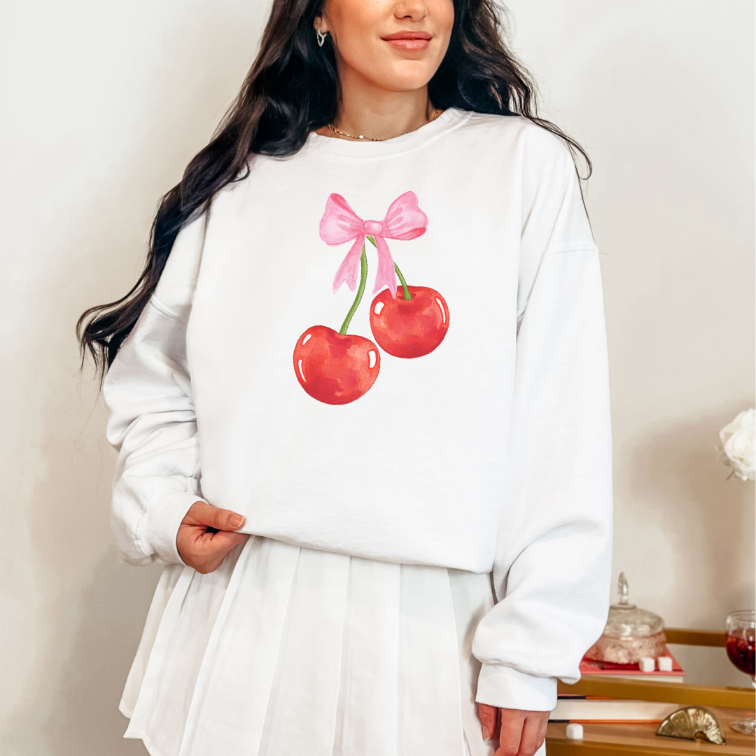 Stylish Cherry Bow Graphic Sweatshirt for Women - Trendy Casual Pullover for Fall & Winter - Perfect for Outfits, Dates, and Streetwear Fashion