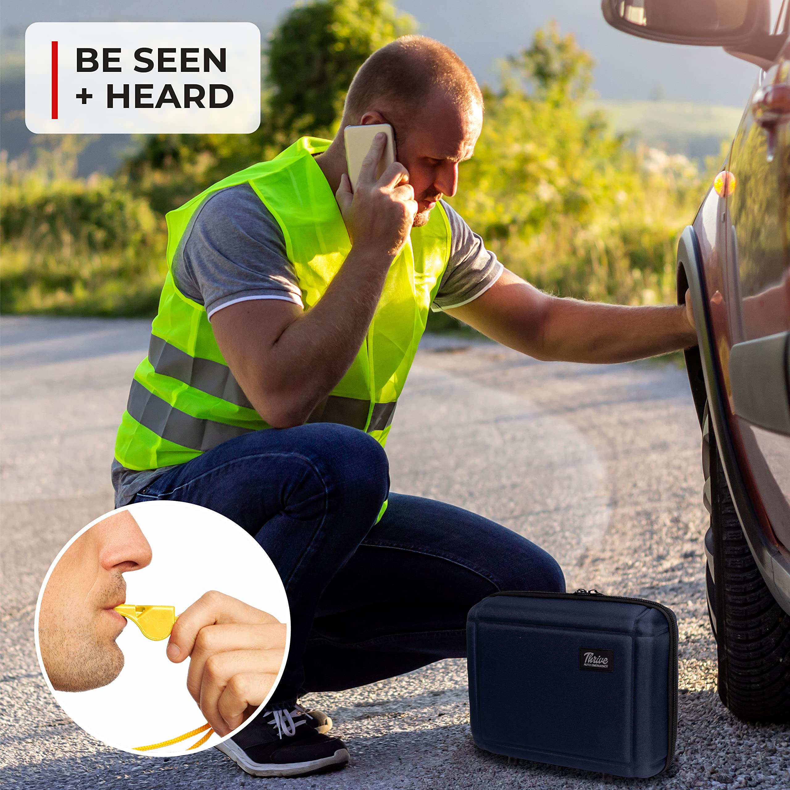 Thrive 104-Piece Emergency Car Kit for Roadside Assistance - Includes Jumper Cables, First Aid Kit & Essential Tools (Navy Shell Case) - Perfect for Road Trips, Winter Driving & Vehicle Emergencies