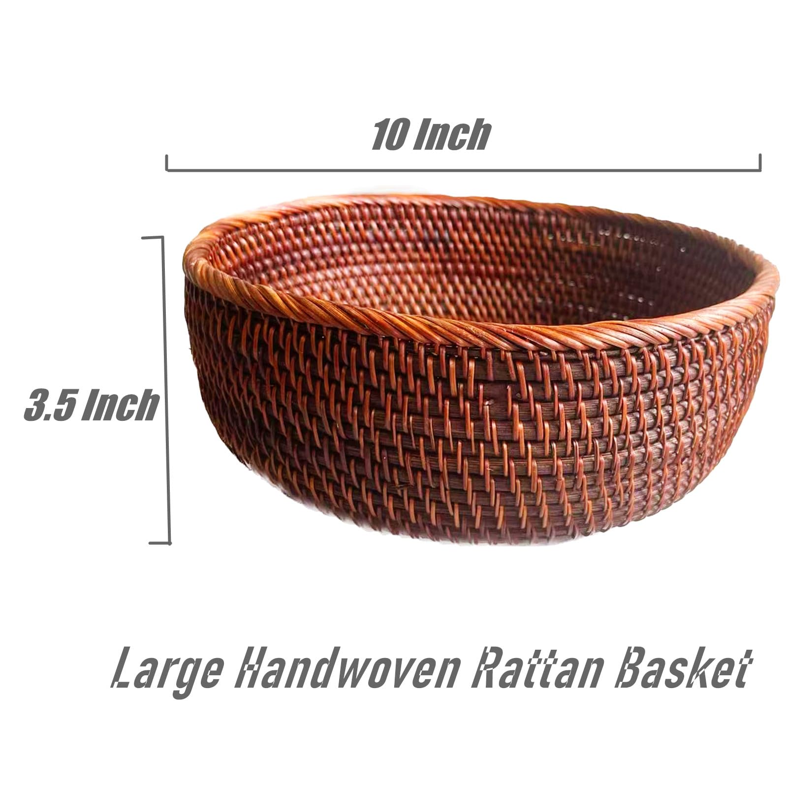 10 Inch Round Rattan Bowl Basket - Handmade Wicker Tray with Scalloped Edge & 4
