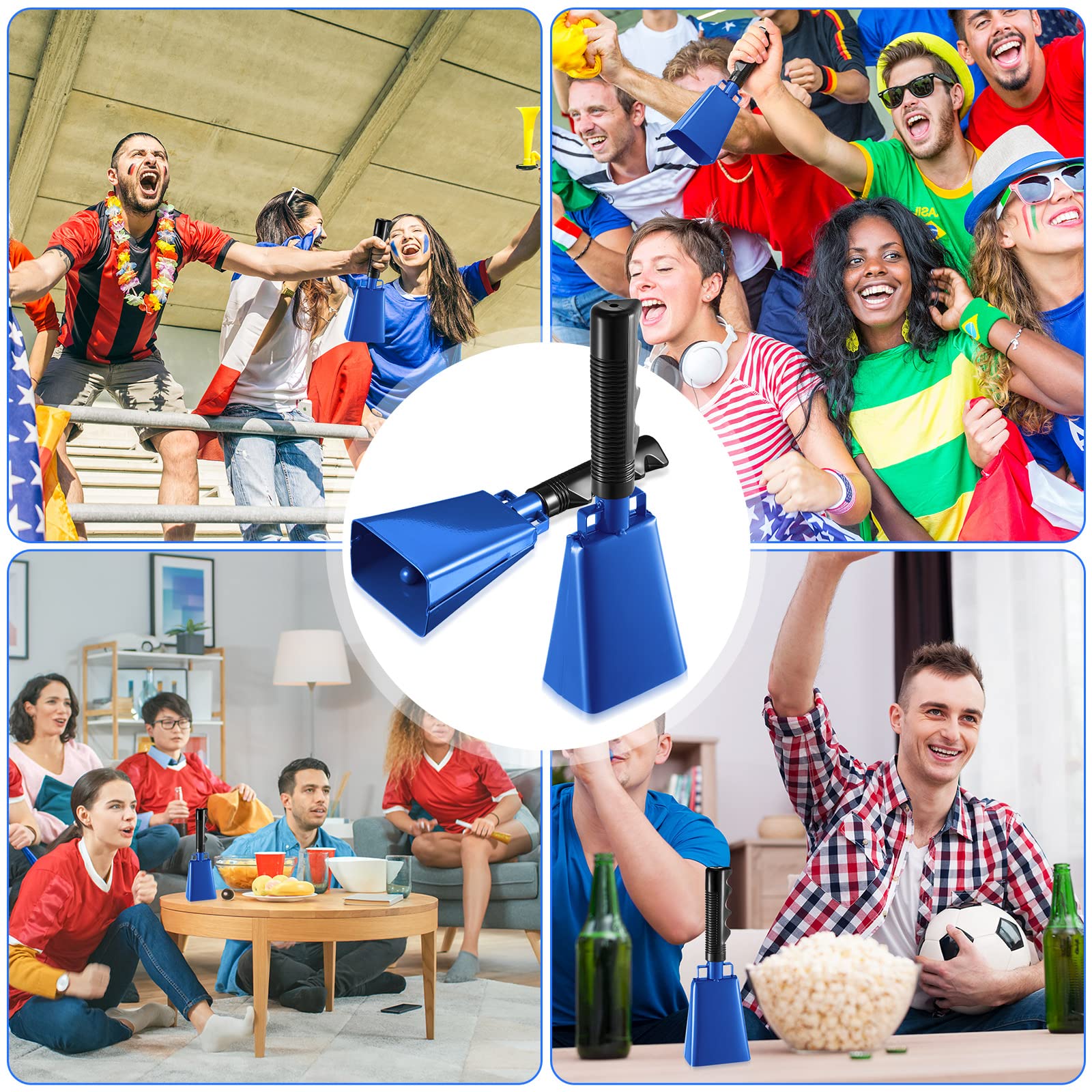6 Pack Blue Cow Bells with Handles - Loud Cheering Cowbell for Sports Events, Football Games, School Spirit & Farm Festivals - Durable Musical Percussion Instrument (3x2x9 Inch) - Perfect for Tailgating, Pep Rallies & Outdoor Celebrations