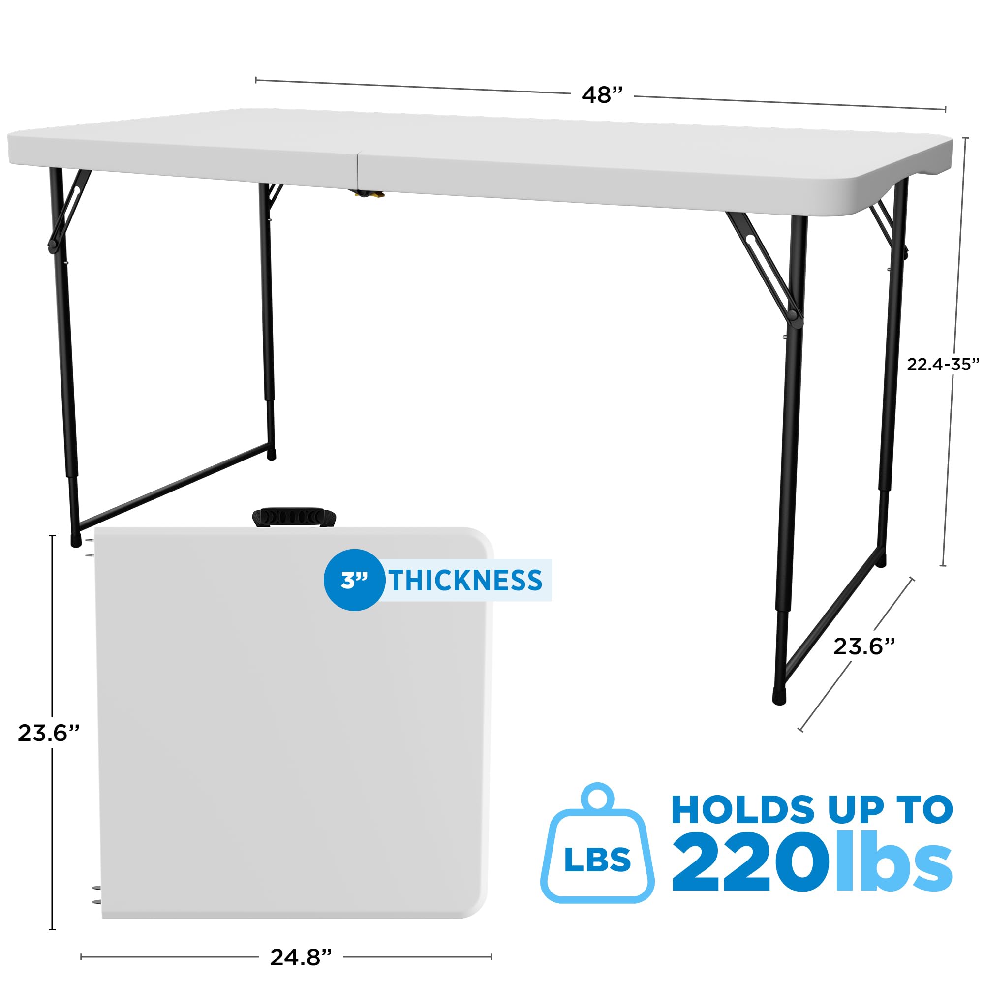 Sorfey 4-Foot Folding Table 24 Inch Wide - Adjustable Height (4 Settings) White Plastic Portable Table for Camping, Picnics, Parties & Outdoor Events