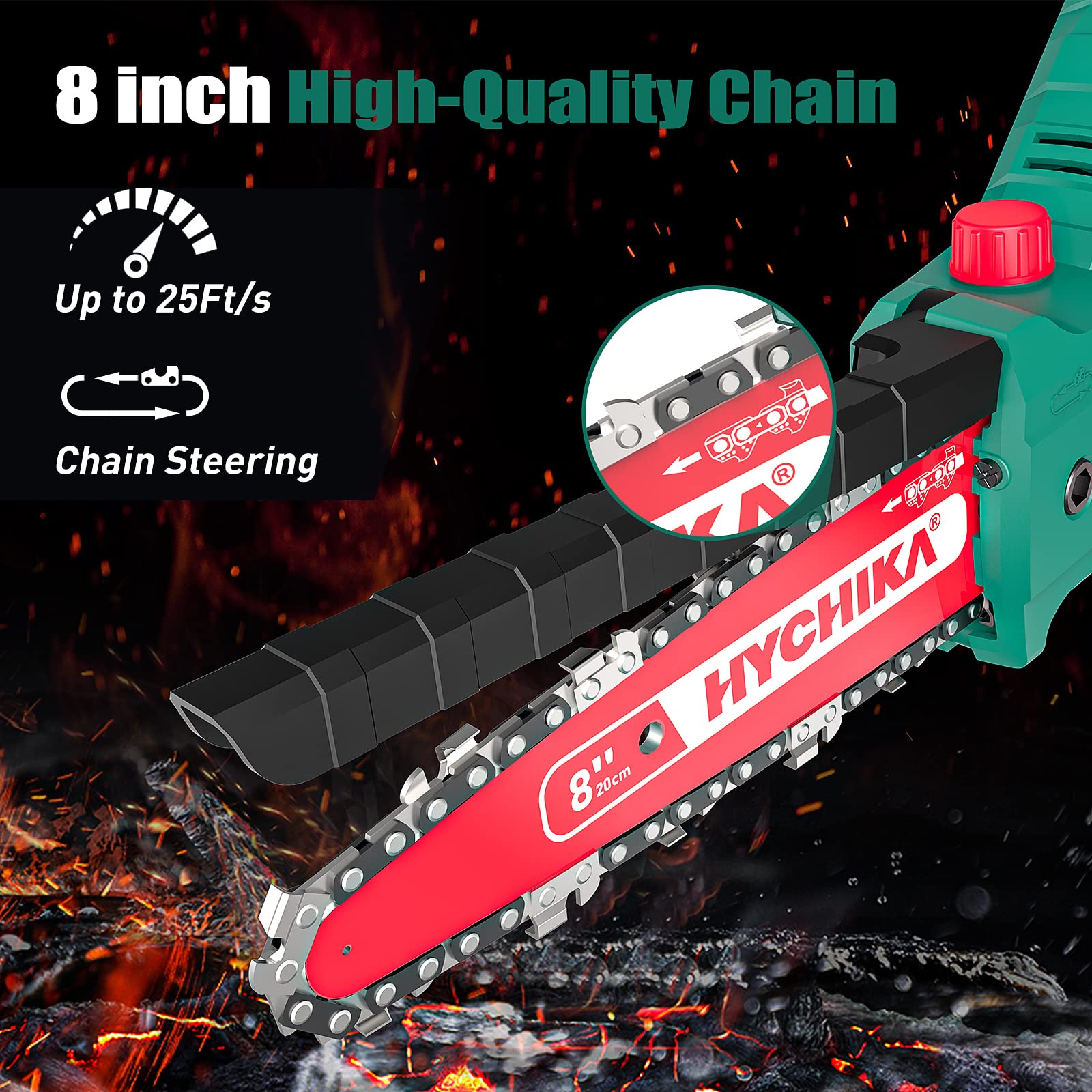 HYCHIKA 18V 8-Inch Brushless Electric Mini Chainsaw with 4.0Ah Battery & 2 Chains - Lightweight Handheld Chainsaw for Tree Branch Cutting, Pruning, Gardening & Woodworking | Perfect for DIY Projects, Yard Maintenance & Forestry Work