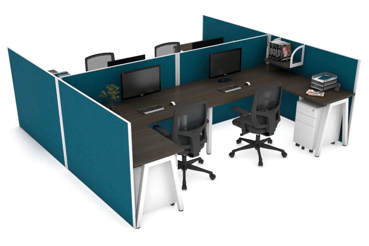Quadro A Legs 4-Person Corner Workstation - H Configuration White Frame Office Desk (1800L x 1800W with Cable Management) for Collaborative Workspaces & Team Offices