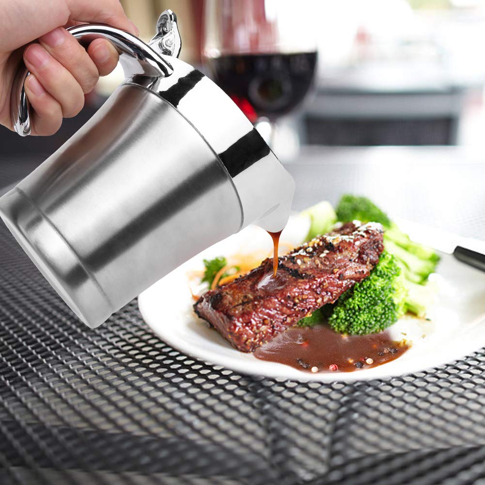 ShineMe 16oz Stainless Steel Gravy Boat with Lid - Double Wall Insulated Sauce Jug for Hot Gravy, Cream & Condiments - Perfect for Thanksgiving Dinner, Holiday Meals & Kitchen Serving