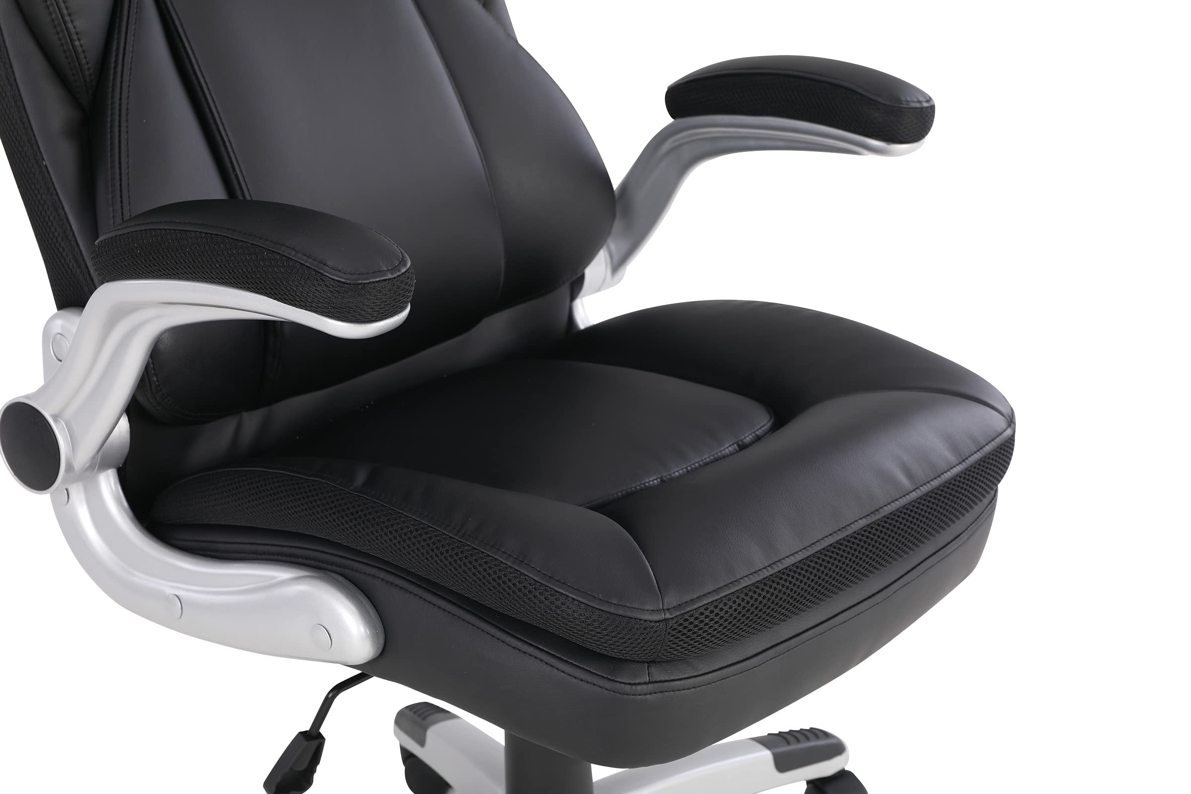 Office Star ECH Series Executive Bonded Leather Office Chair with Lumbar Support & Adjustable Arms - Black with Silver Base | Ergonomic Desk Chair for Home Office, Gaming & Workspace Comfort