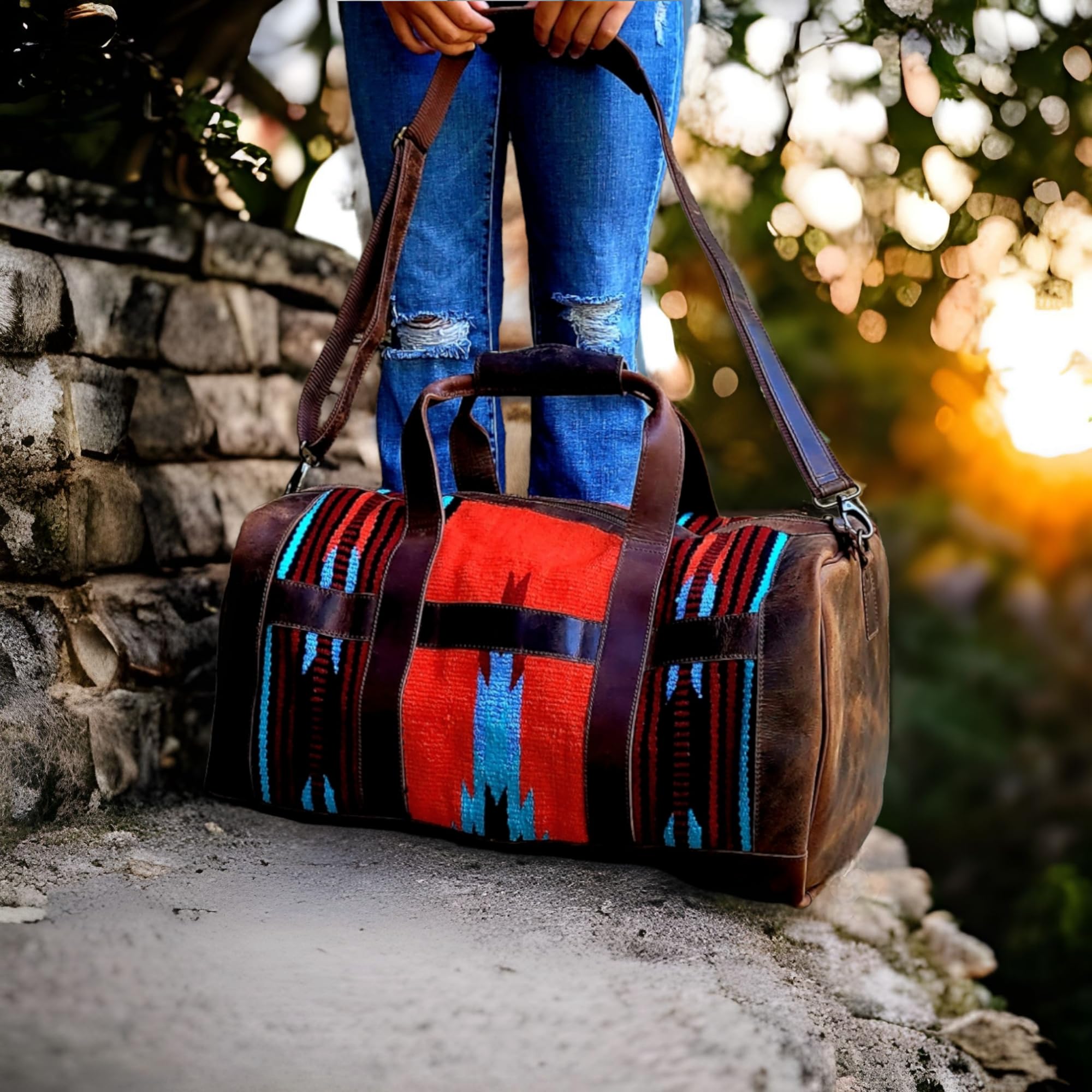 Handcrafted Vintage Brown Southwestern Leather Weekender Duffle Bag - Aztec Design, Antique Style - Perfect for Travel, Gym & Weekend Getaways (Sedona)