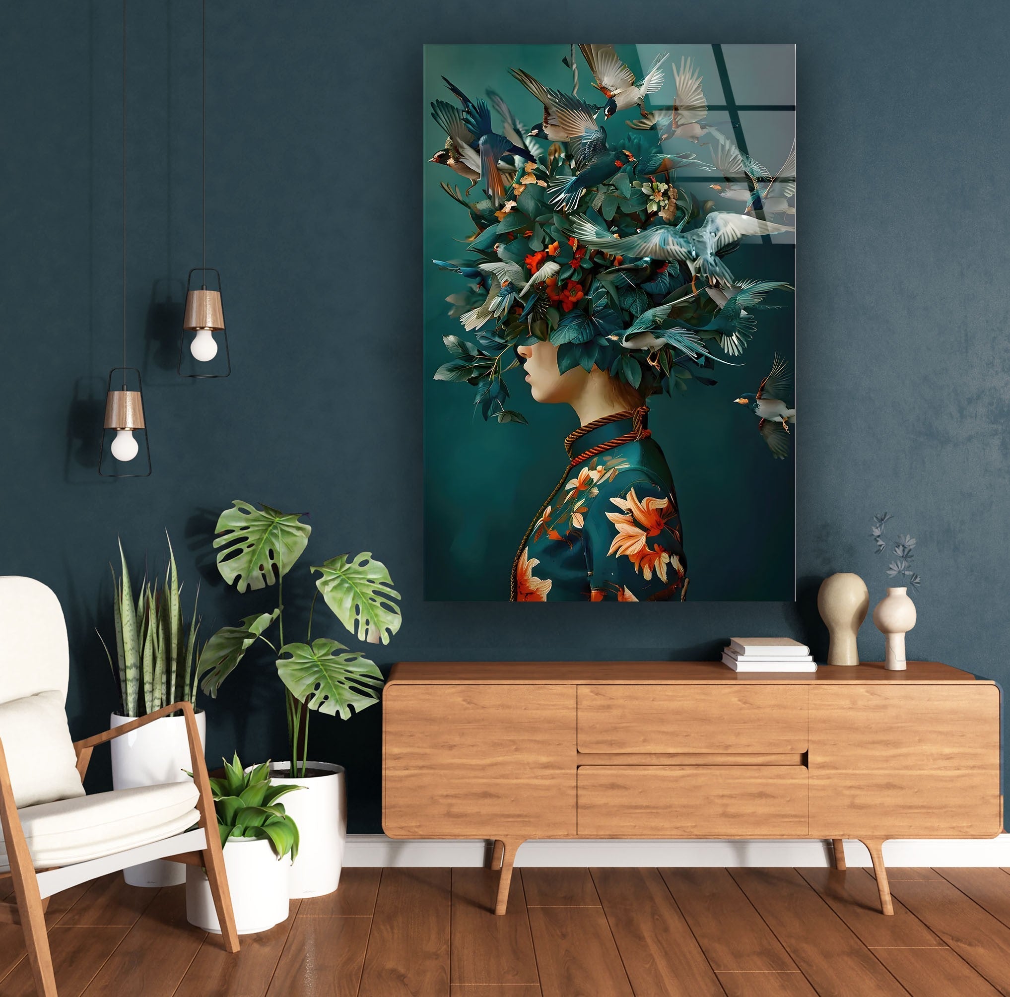 Bird Head Woman Glass Wall Art - Elegant Handmade Glass Decor for Home & Office - Perfect for Living Room, Bedroom, or Gift Giving