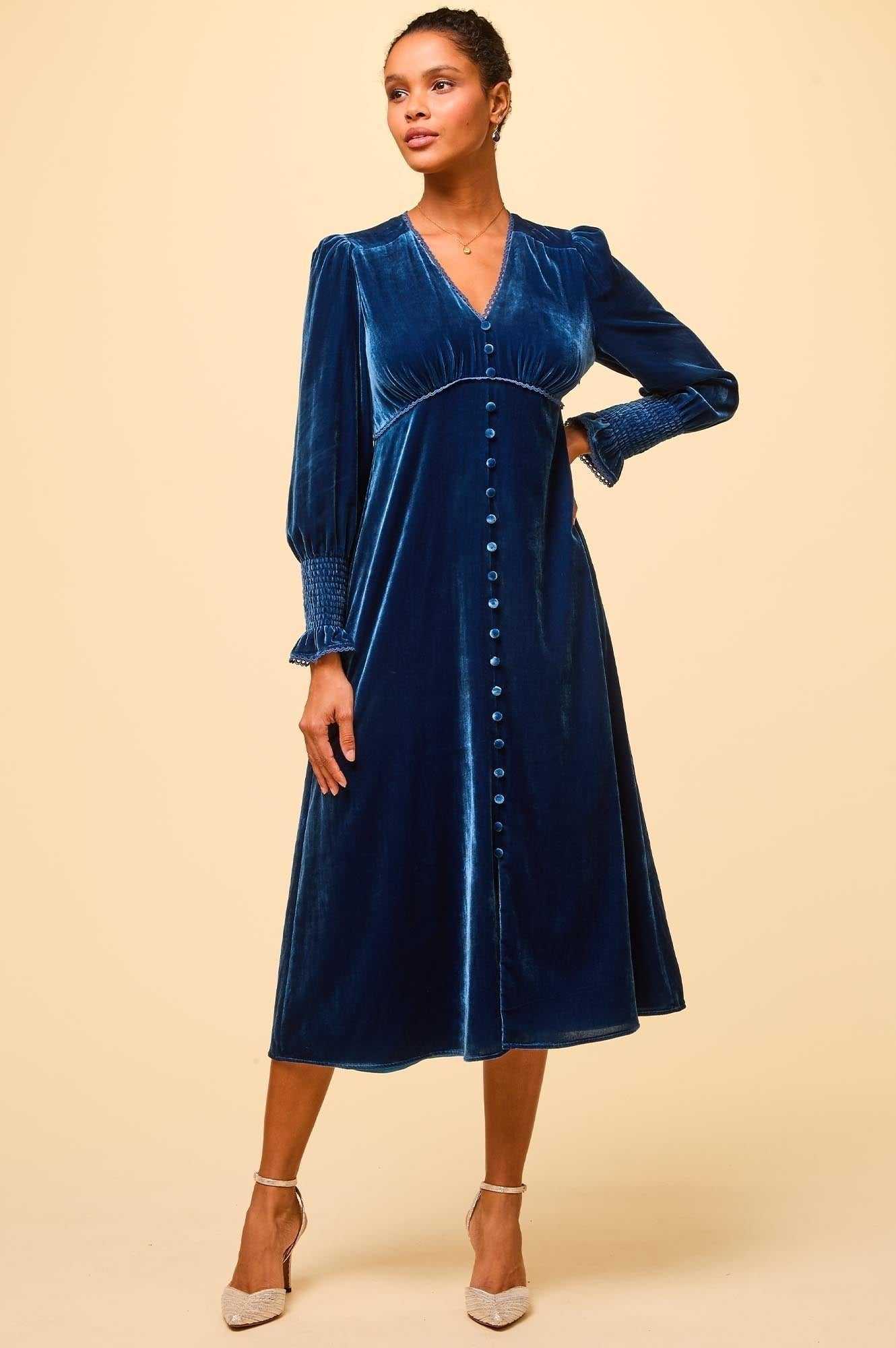 Long Sleeve Velvet Sally Anne Dress in Blue Sapphire | Elegant Winter Party Dress for Women | Perfect for Holiday Gatherings & Formal Events