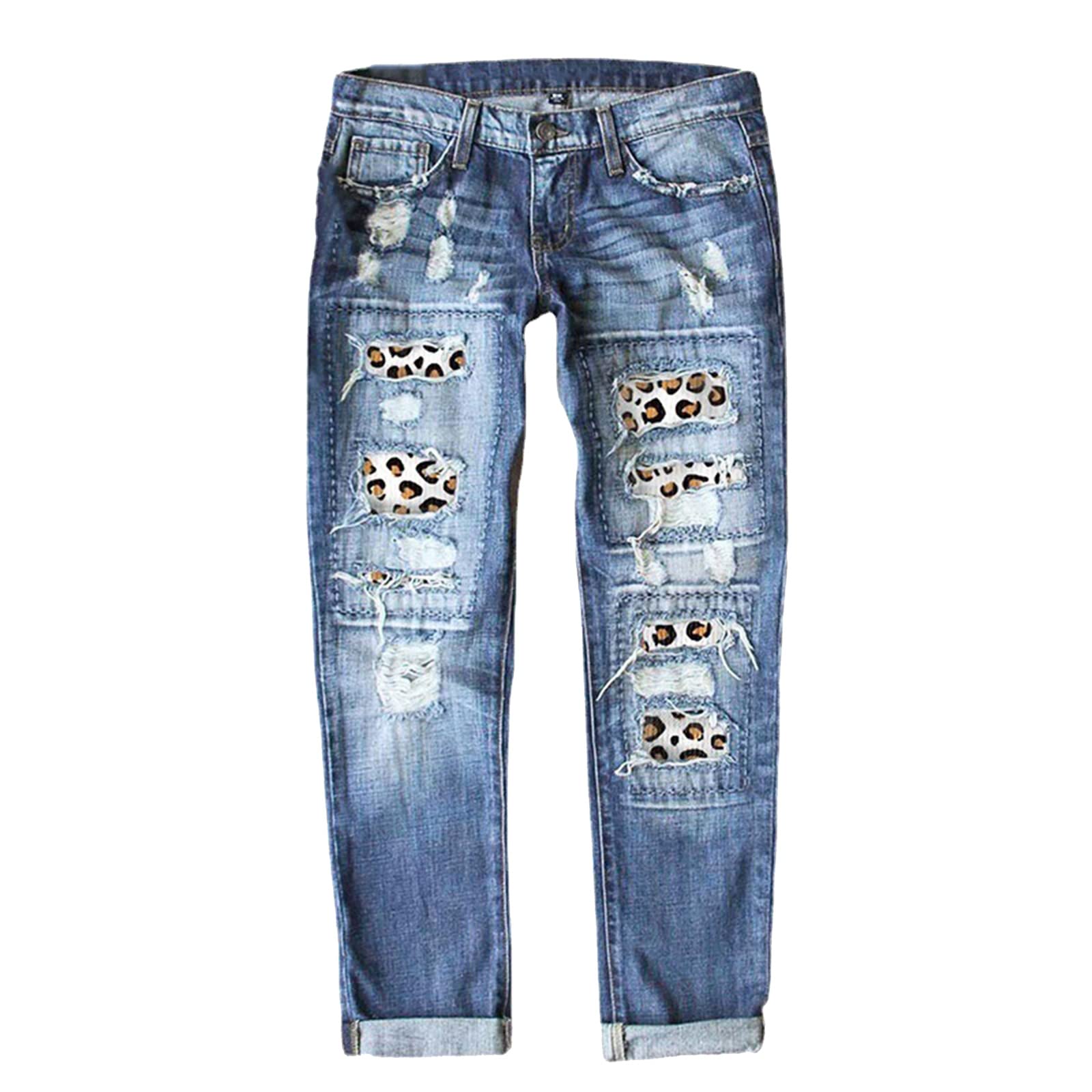 Women's Ripped Boyfriend Jeans - Distressed Leopard Print Patch Straight Leg Denim Pants for Casual Wear & Street Style Outfits