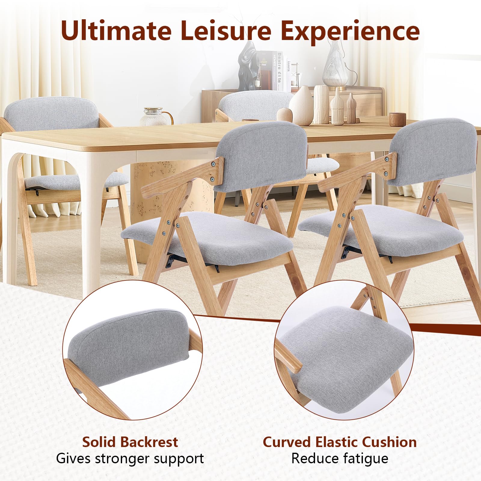 2 Pack Solid Wood Folding Dining Chairs with Linen Padded Seat - Space Saving Foldable Kitchen Chairs for Small Spaces, Dining Room, Living Room, Wedding & Outdoor Picnic (Light Grey) - Perfect for Home, Restaurant and Event Use