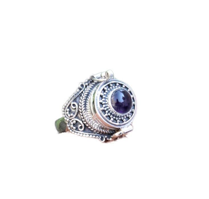 Natural Amethyst Poison Box Ring - Silver Plated Vintage Locket Ring with Openable Compartment | Boho Chic Jewelry for Women | Perfect for Secret Keepsakes, Medicine Storage & Unique Gift Giving