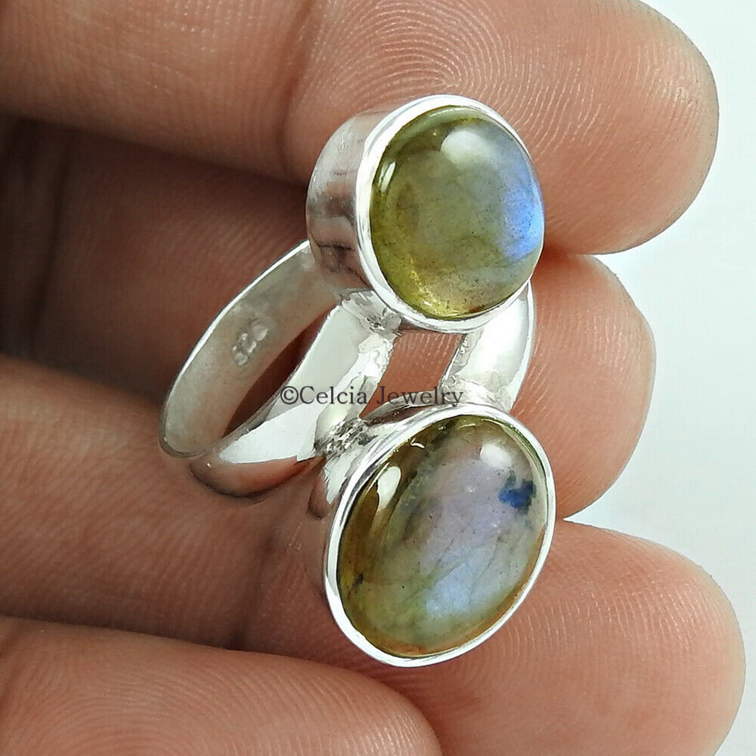 Genuine Labradorite Stackable Round Ring - 2 Stone Blue Fire Ring, Dainty Cocktail Ring, Bohemian Pinky Ring - June Birthstone Jewelry, Good Friday Gift (Size 7) - Perfect for Weddings, Parties & Everyday Boho Style