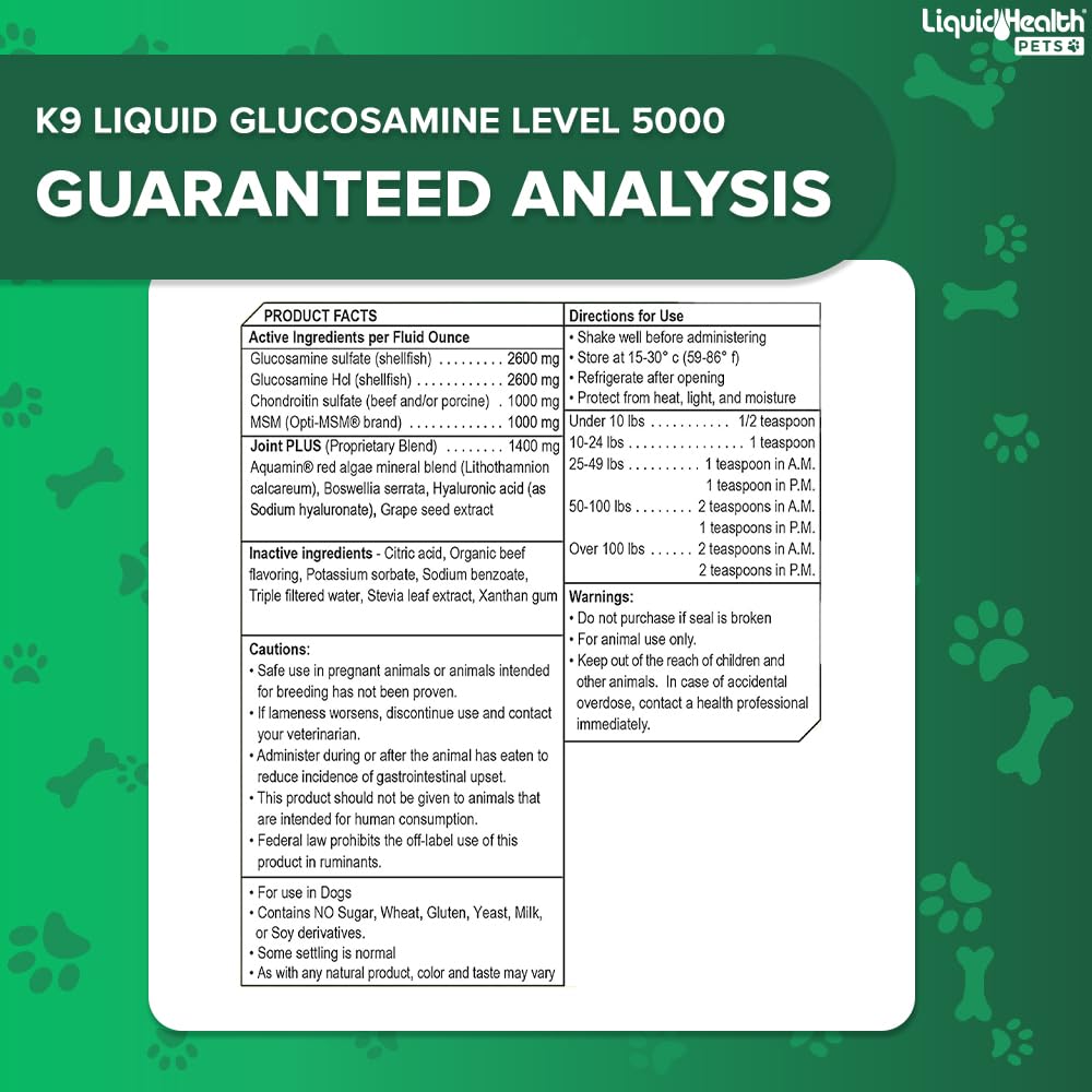 LiquidHealth 128 Oz K9 Liquid Glucosamine Level 5000 for Dogs - Chondroitin & MSM Joint Supplement for Large Breeds - Hip & Joint Health Support - Dog Vitamins & Joint Oil - 1 Gallon - Perfect for Senior Dogs & Active Pets with Joint Discomfort