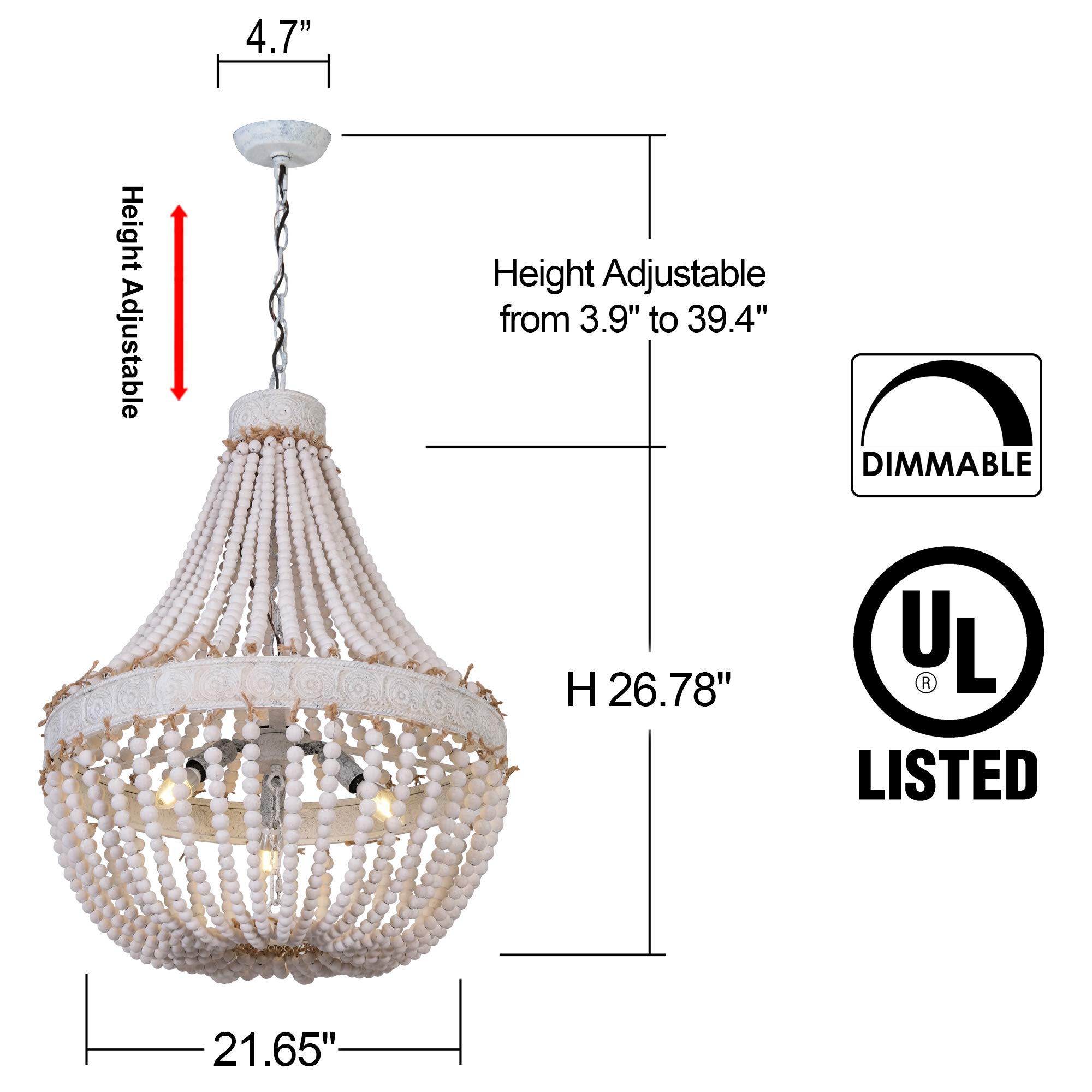 Modern Rustic Wood Bead Chandelier - 3-Light Farmhouse Pendant Lighting Fixture with Wooden Beads for Dining Room, Kitchen, Bedroom & Foyer | D17.7