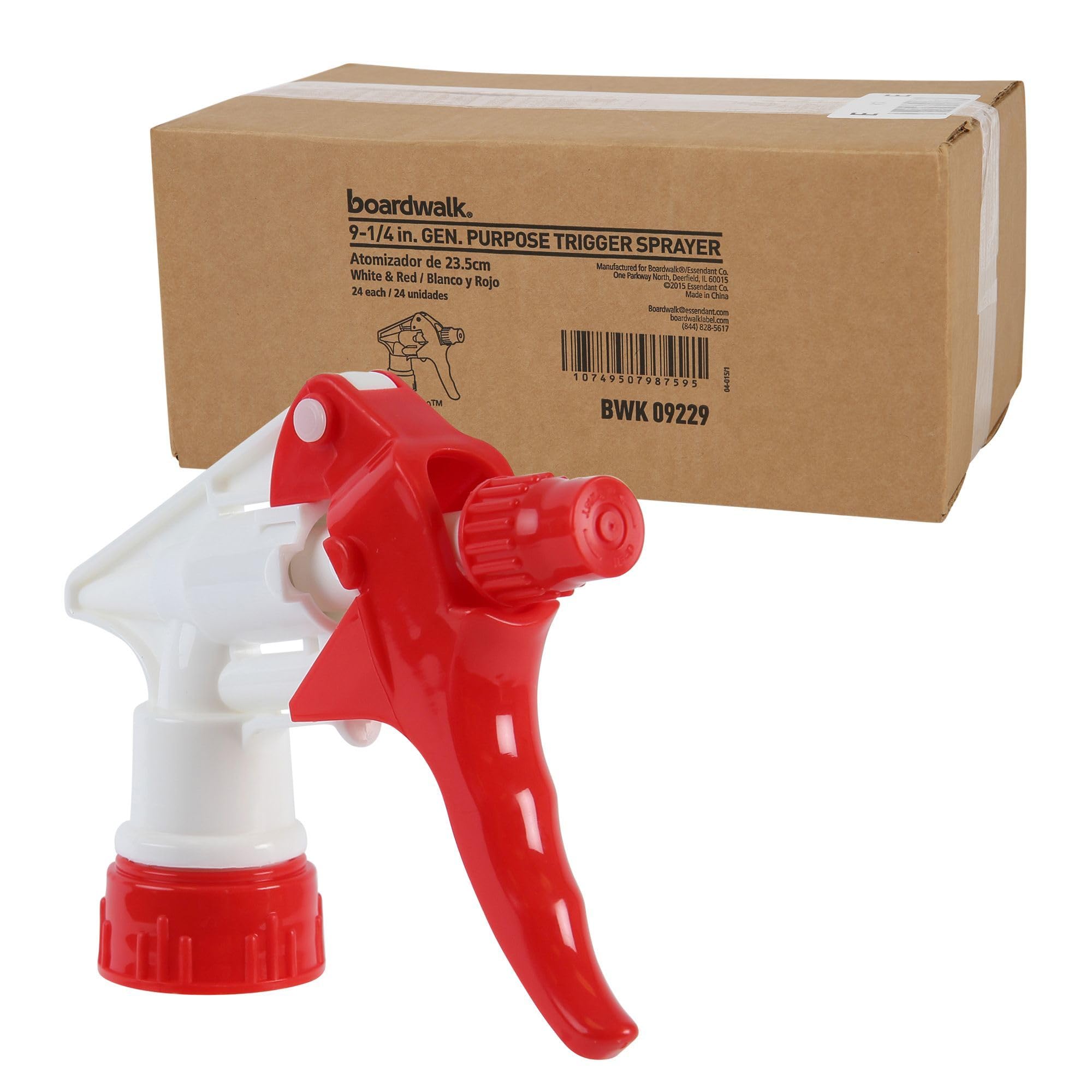 Boardwalk 511265 9.25 Inch Tube Trigger Sprayer for 32 oz Bottles - Red and White (24 per Carton) - Ideal for Cleaning, Gardening & Household Use