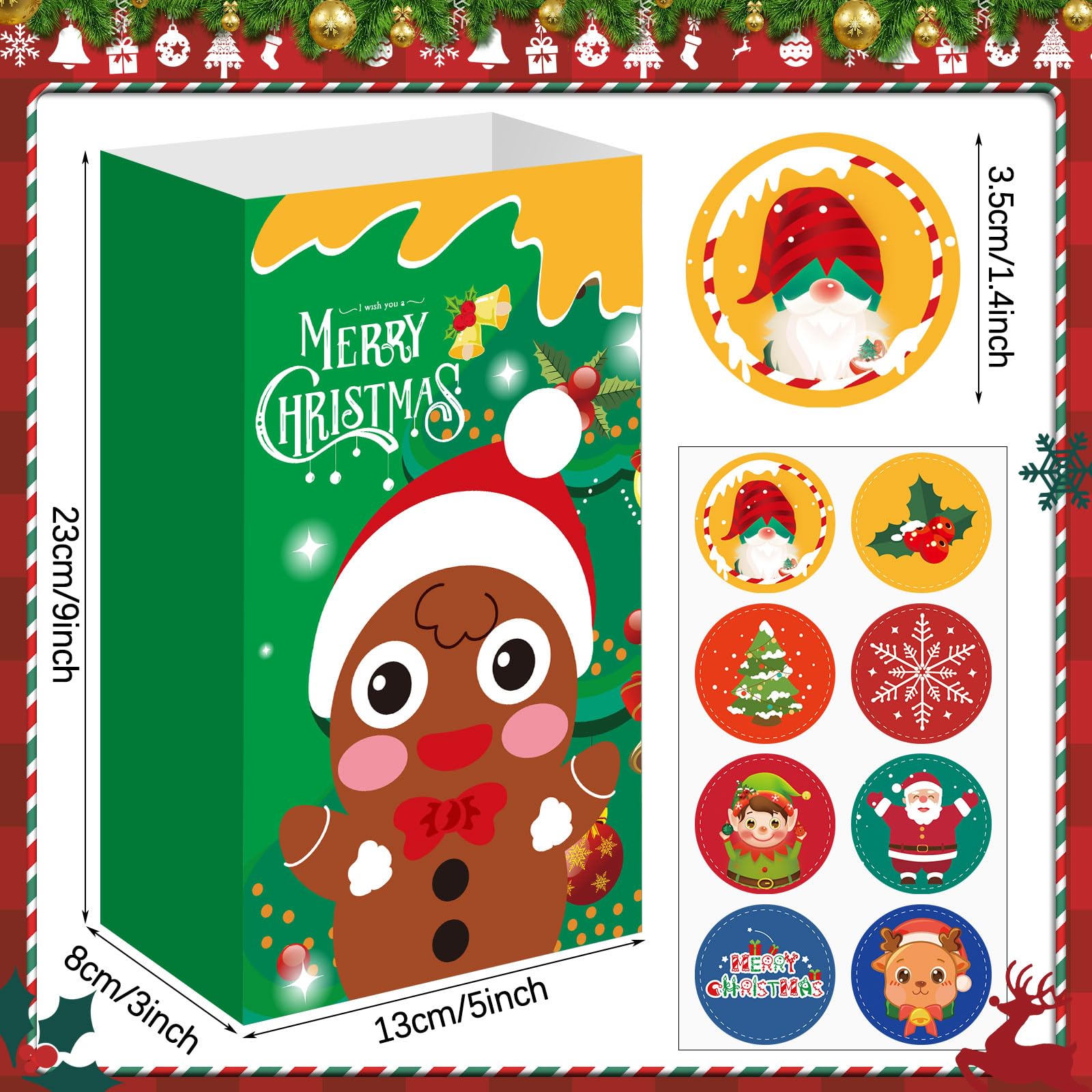 FEBSNOW 40-Pack Christmas Gift Bags with Stickers - Holiday Candy Treat Bags for Kids, Xmas Cookie Wrapping, Party Favors & Craft Paper Bags - Perfect for Christmas Parties, School Events & Gift Exchanges