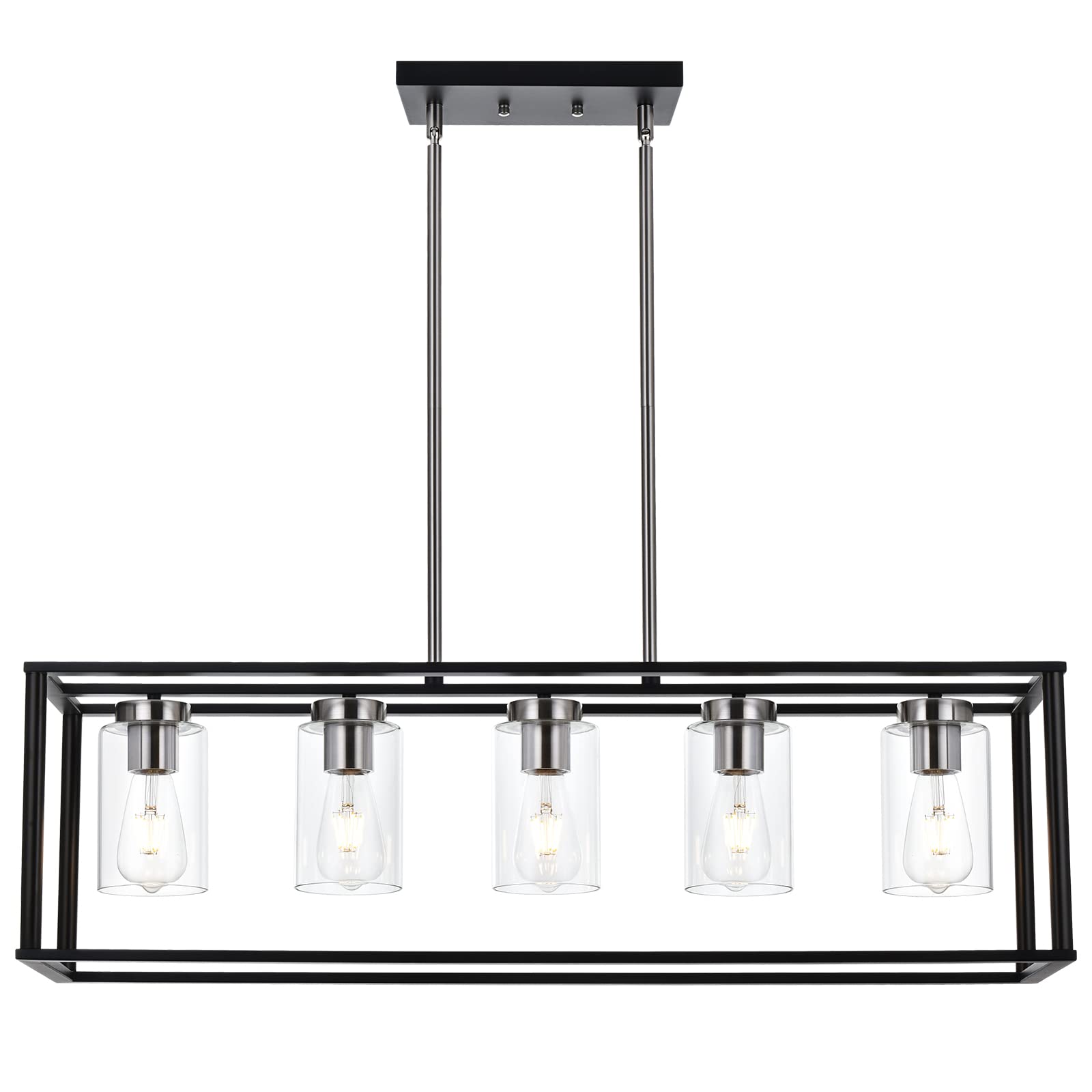 VINLUZ Modern 5-Light Rectangle Chandelier in Brushed Nickel & Black - Clear Glass Shade Farmhouse Pendant Light for Dining Room, Kitchen Island & Living Room Ceiling | Perfect for Rustic, Industrial & Contemporary Home Decor