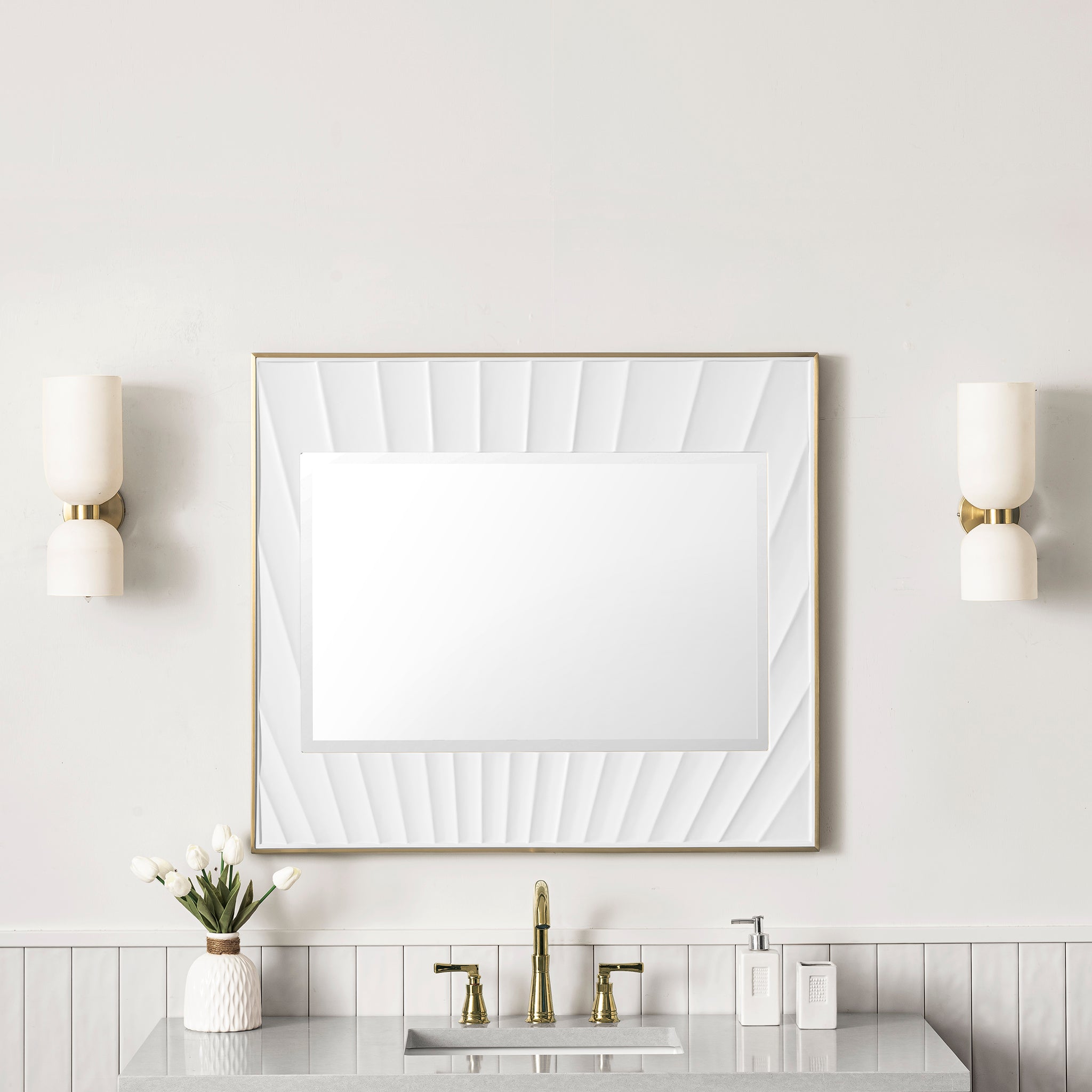 Soleil 36 Inch Round Wall Mirror - Matte White Frame with Gold Accents for Living Room, Bedroom & Bathroom Decor
