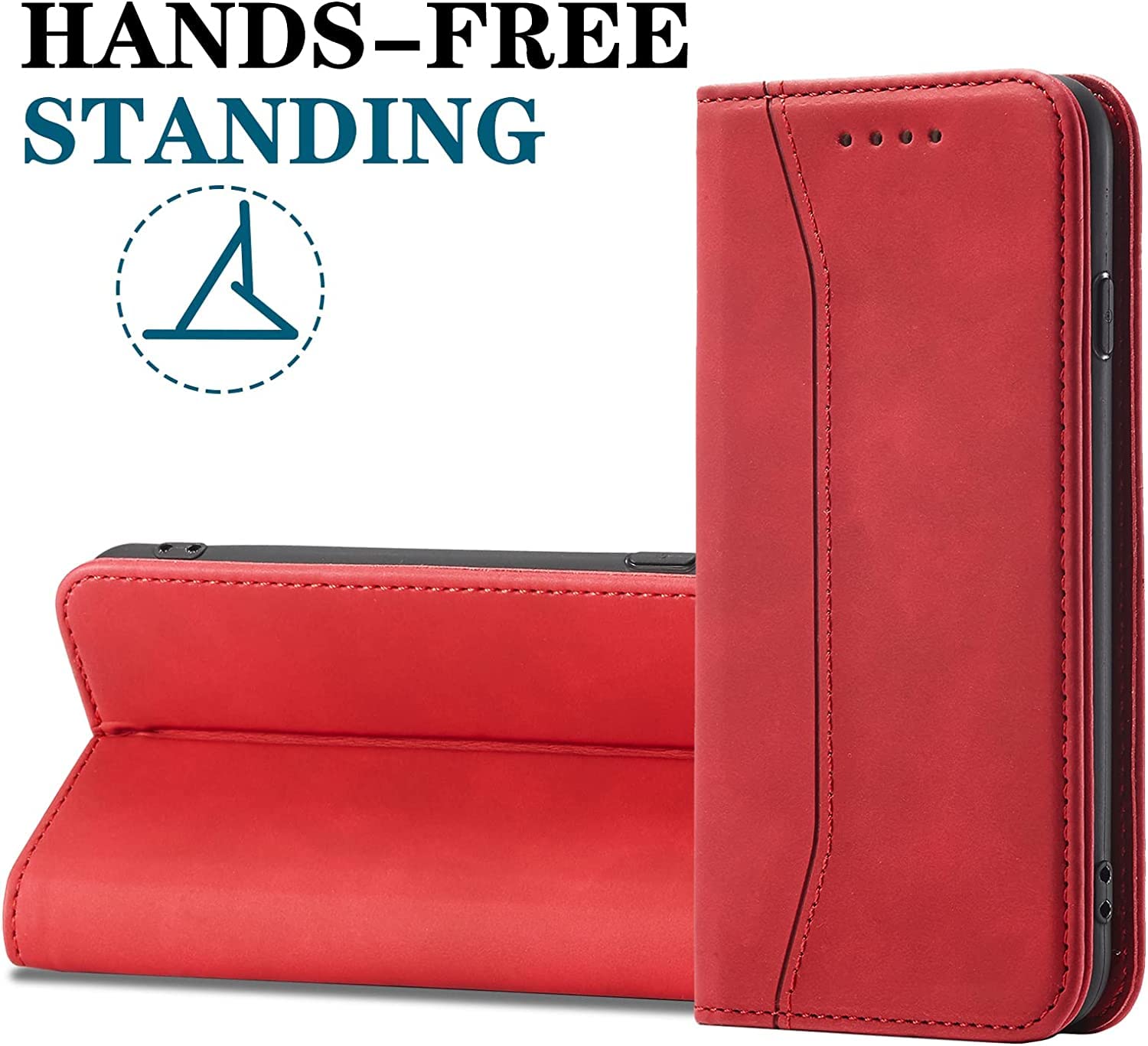 OKZone Magnetic Leather Wallet Case for iPhone 15 - Shockproof Flip Cover with Card Slots & Stand Function (Red) | Perfect for Business Professionals & Daily Commuters