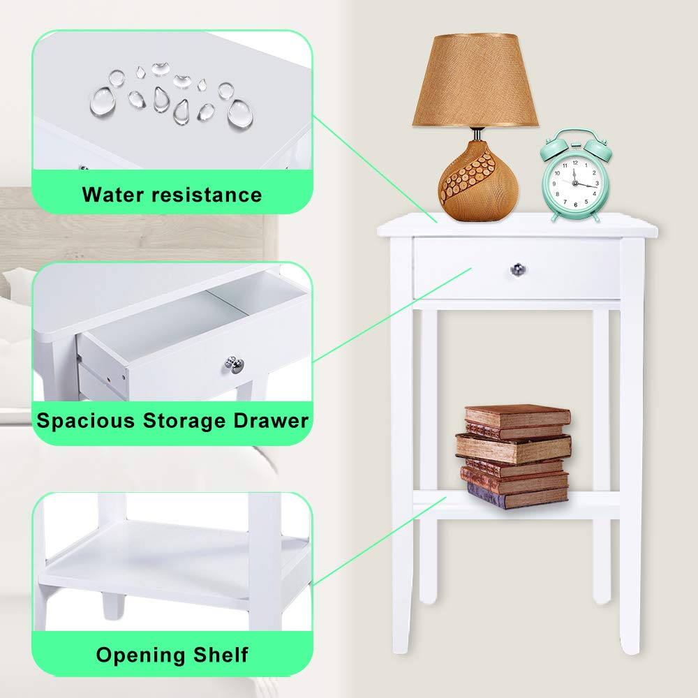 Modern White Side End Table with Drawer - 2-Tier Bedside Nightstand, Coffee Table & Sofa Side Table - 16.3”L x 12.6”W x 25.6”H - Perfect for Bedroom, Living Room & Small Spaces