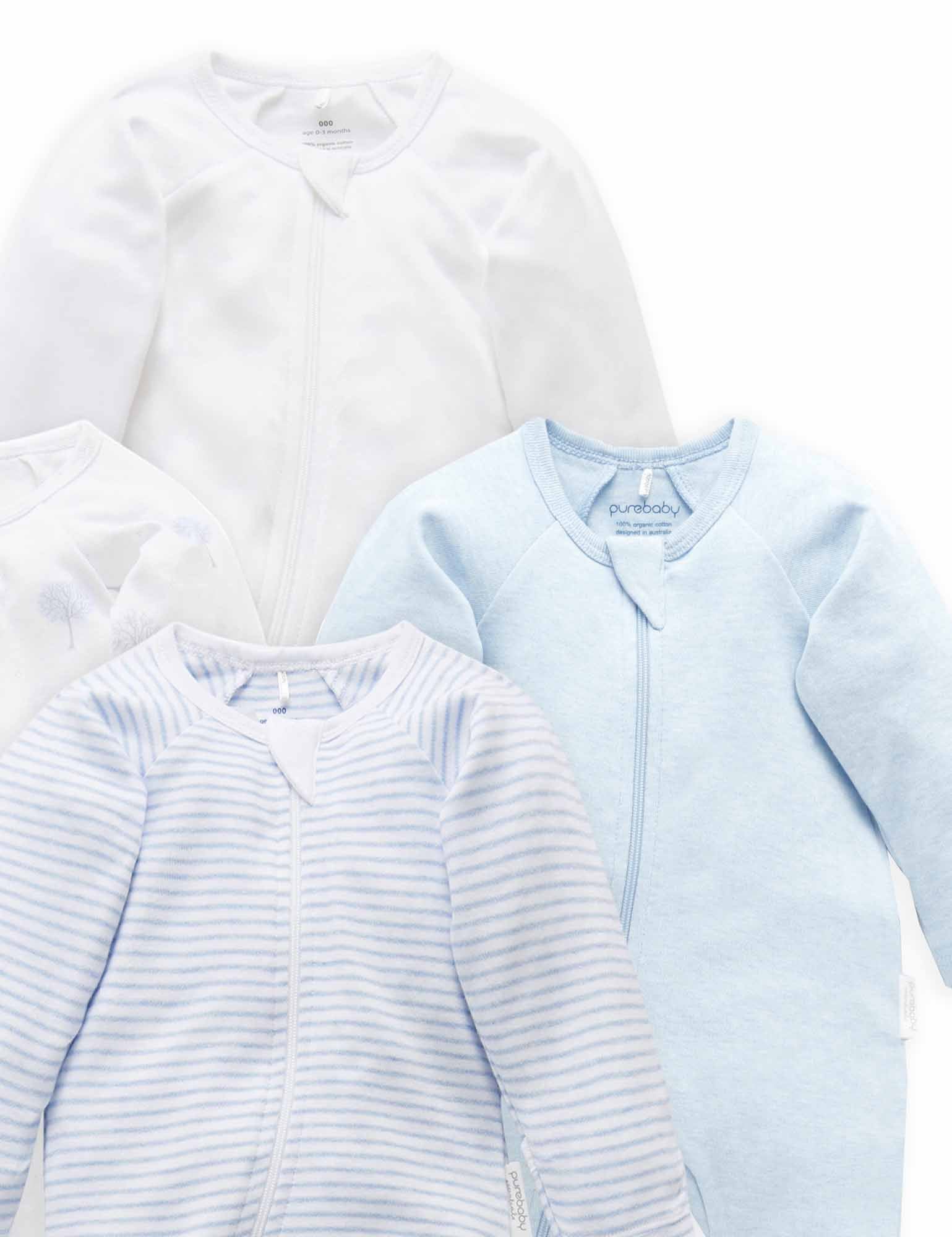Purebaby Organic Cotton Zip Growsuit 4-Pack - Soft Baby Sleepwear for Boys & Girls - Perfect for Nursery, Daycare & Playtime