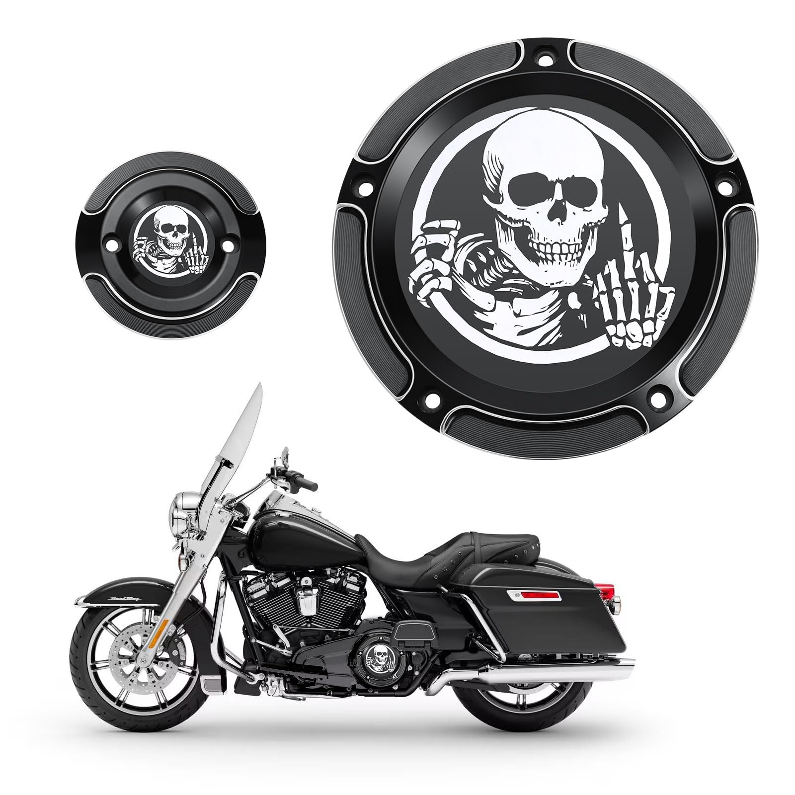 Harley Davidson Derby Timer Cover & Points Covers - 5 Hole Skull Design for Touring, Road King, Electra Glide, Street Glide, Road Glide, Tri Glide, Dyna & Softail Models - Perfect for Custom Bike Upgrades and Motorcycle Accessories Replacement