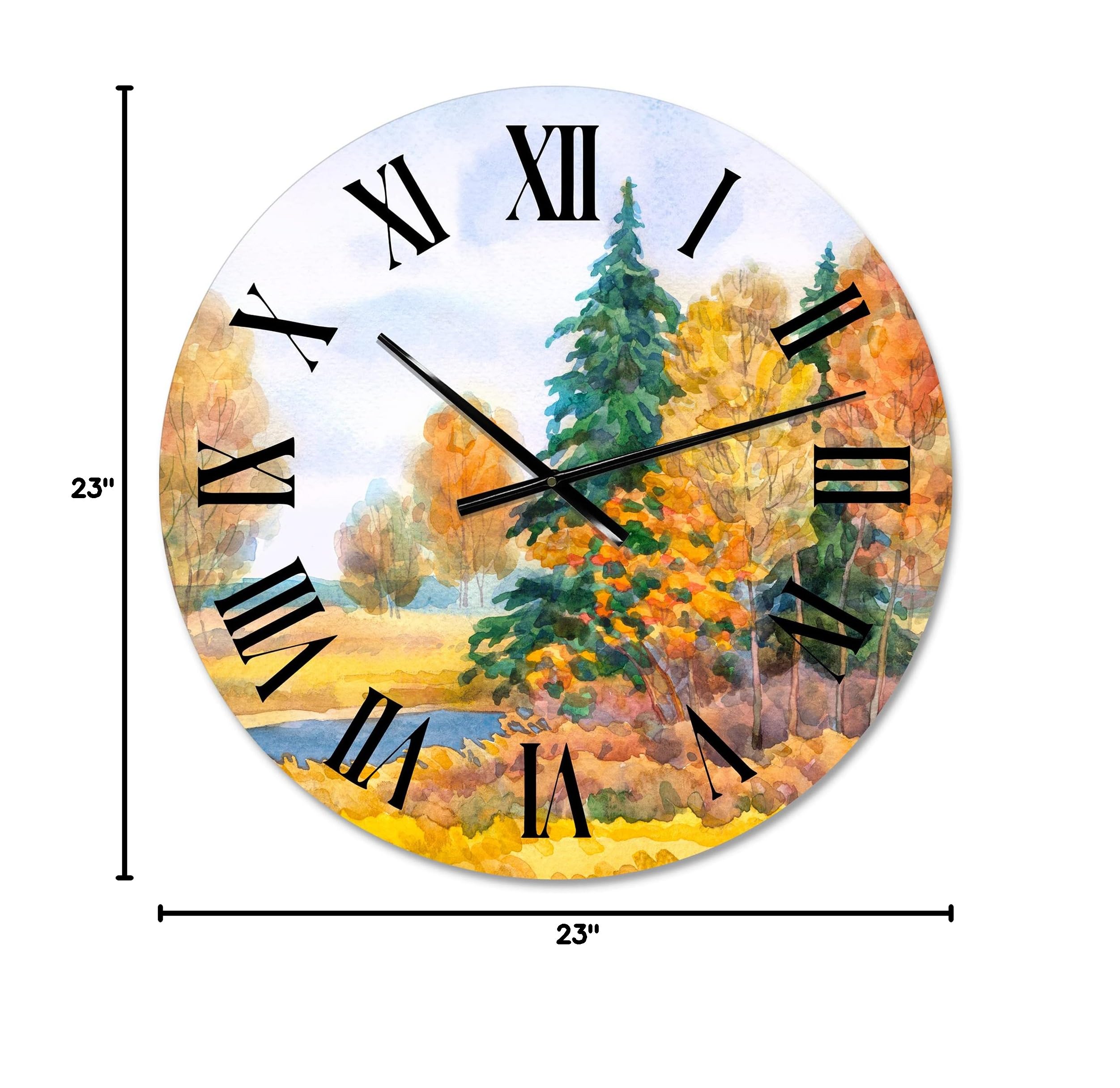 DesignQ Lake House Wall Clock 'Autumnal Forest by The Lake Side V' - Large Landscape Nature Wall Clock for Living Room, Bedroom, Office Decor - Perfect for Rustic, Farmhouse & Nature-Themed Interiors