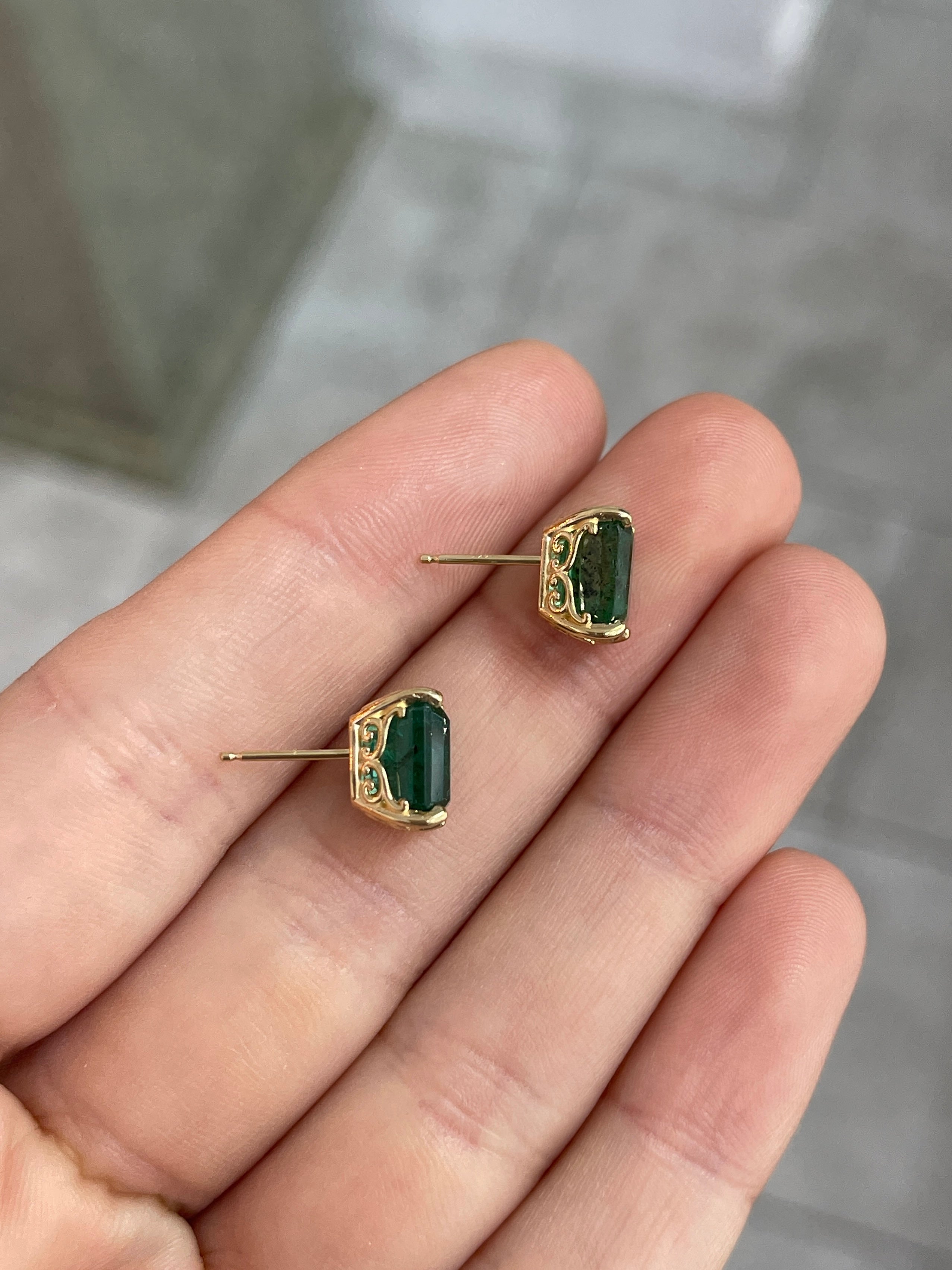 6.70tcw Zambian Emerald Emerald Cut Fleur De Lis Stud Earrings in 14K Gold - Elegant Jewelry for Women, Perfect for Weddings, Parties & Special Occasions