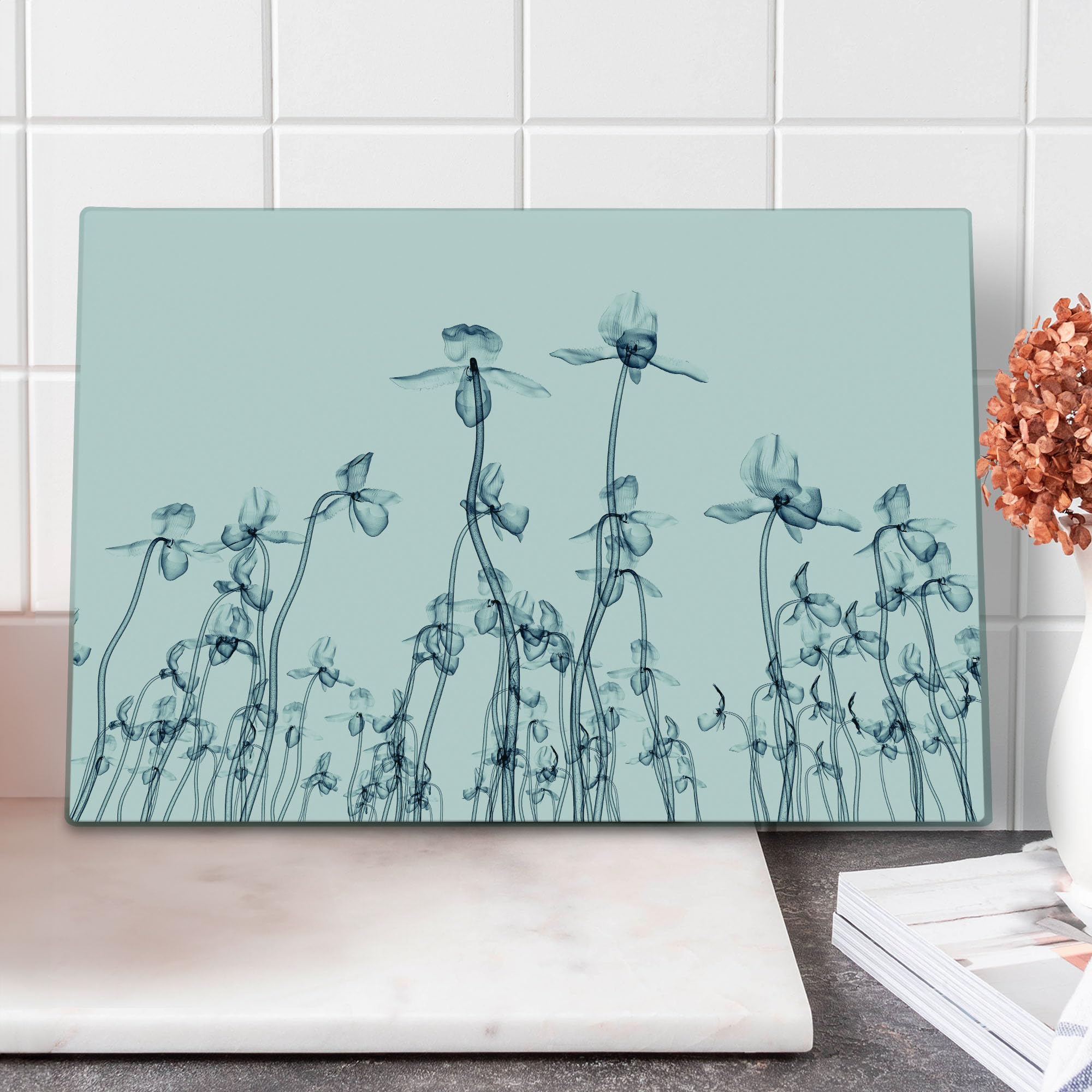 Ambesonne Orchid X-ray Art Glass Cutting Board - Large Tempered Glass Serving Tray with Unique Floral Design - Perfect for Kitchen Prep, Charcuterie Boards & Home Decor (Teal & White)